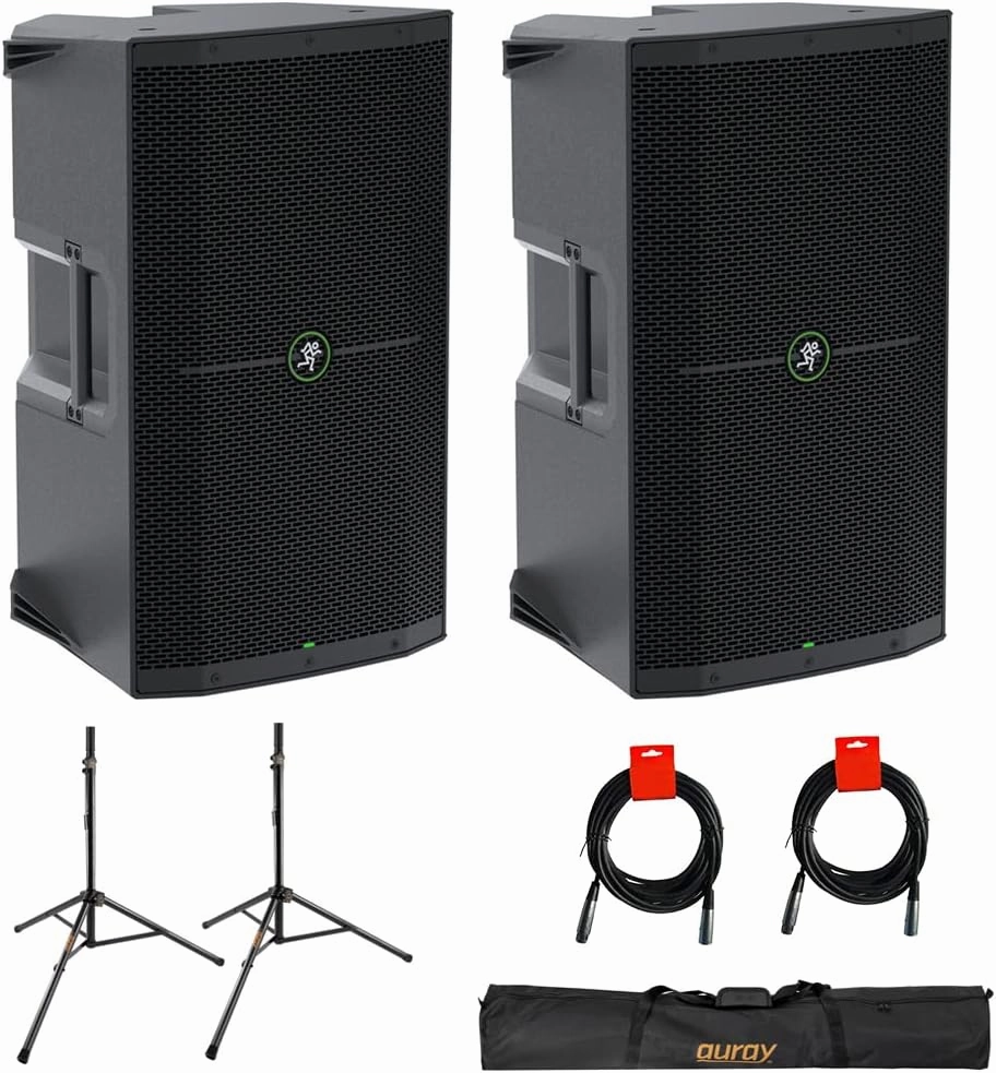 Mackie Thump212XT 1400W 12" Powered PA Loudspeaker System with DSP and Bluetooth (Pair) Bundle with Auray SS-47S-PB Steel Speaker Stands, Carrying Case, and 2X XLR-XLR Cable