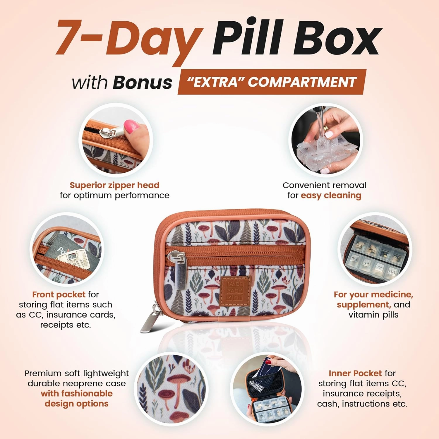 Made Easy Kit Pill Case - Weekly Medicine Organizer with Removable Seven-Day Vitamin & Supplement Box - Premium Neoprene for Travel Purse Accessory (Brown Teal)