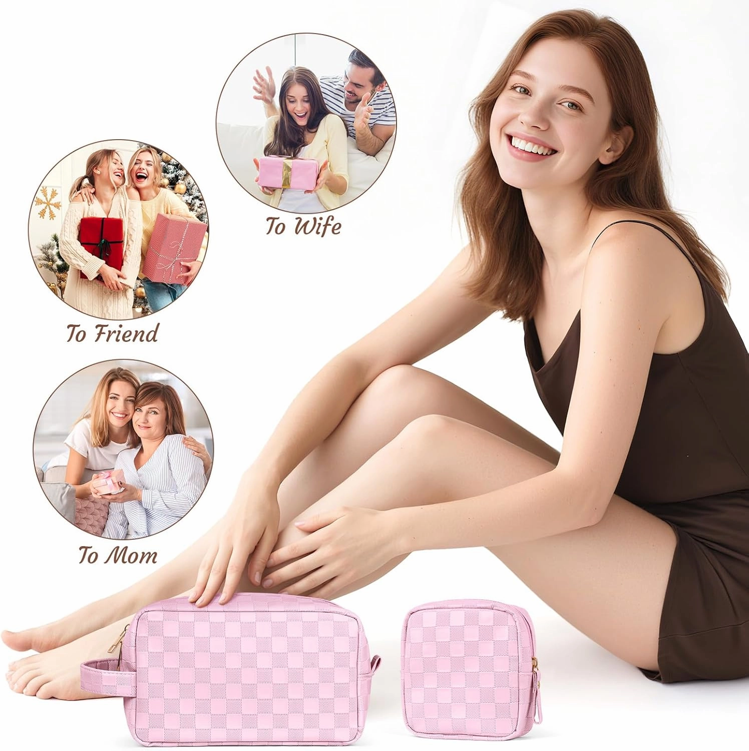 MAGEFY 2Pcs Makeup Bag, Cute Checkered Pouch with Handle, Leather Travel Makeup Pouches for purse Make Up Bag for Cosmetic, Lipstick,Pink