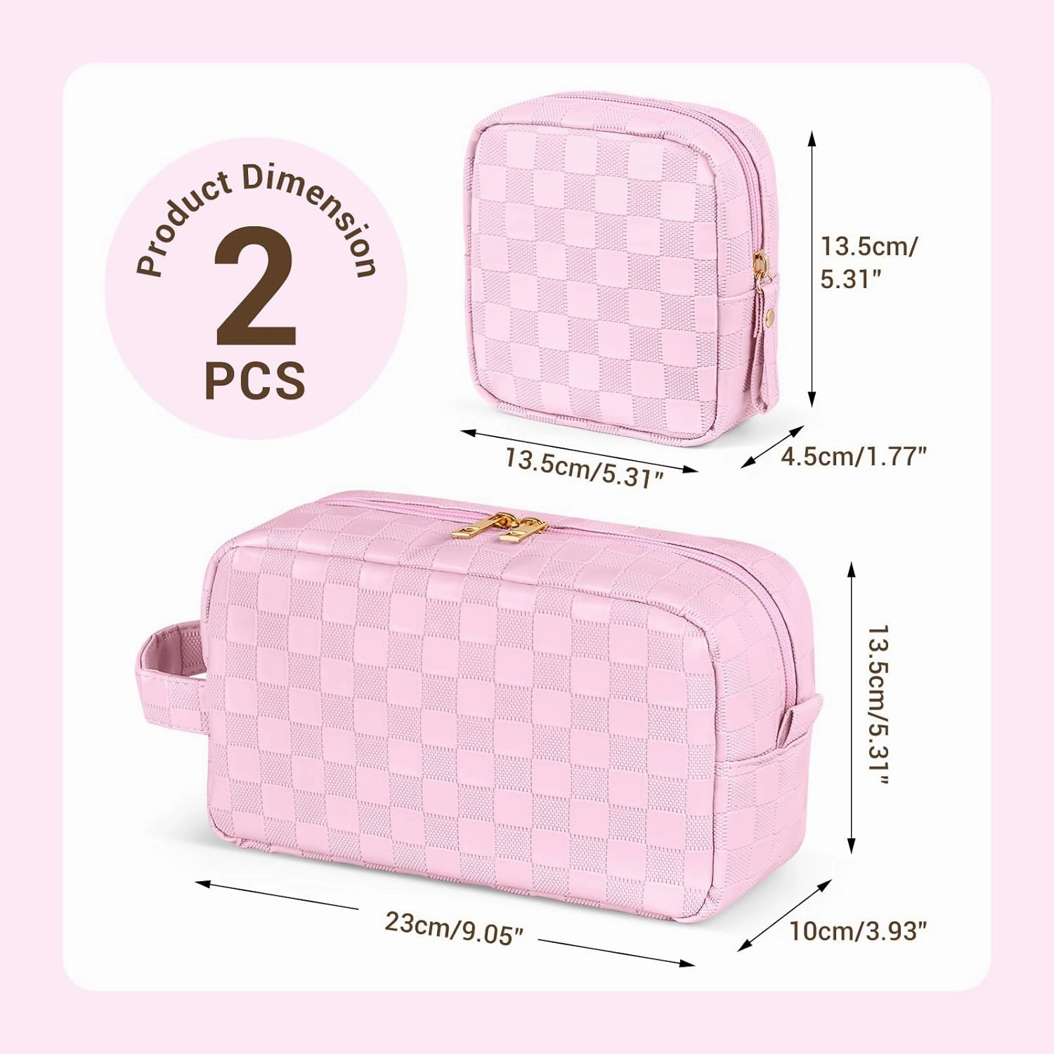 MAGEFY 2Pcs Makeup Bag, Cute Checkered Pouch with Handle, Leather Travel Makeup Pouches for purse Make Up Bag for Cosmetic, Lipstick,Pink
