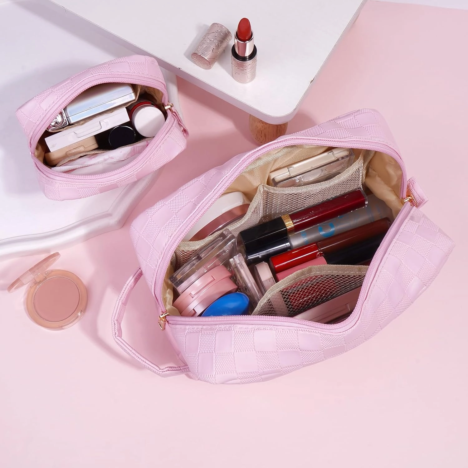 MAGEFY 2Pcs Makeup Bag, Cute Checkered Pouch with Handle, Leather Travel Makeup Pouches for purse Make Up Bag for Cosmetic, Lipstick,Pink