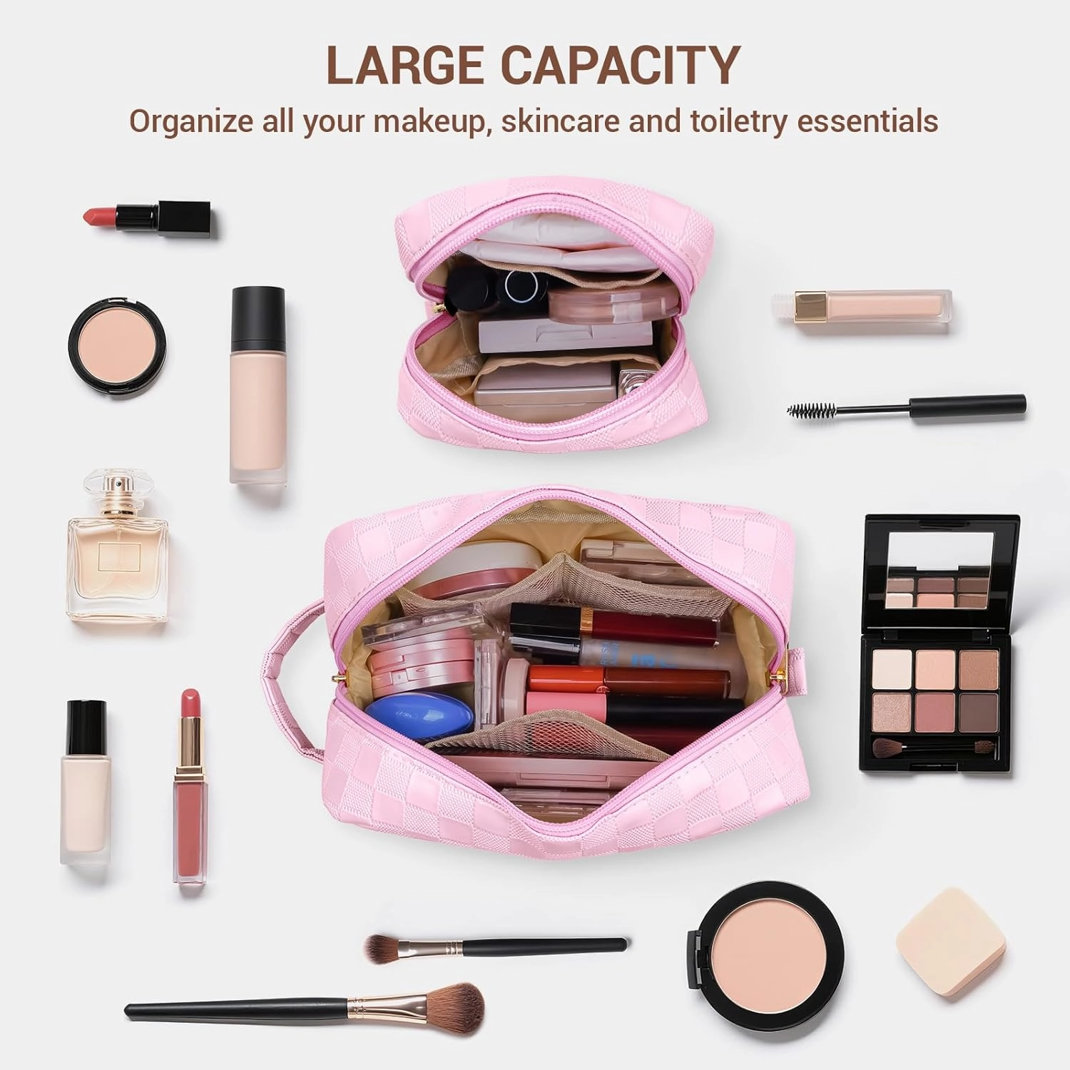 MAGEFY 2Pcs Makeup Bag, Cute Checkered Pouch with Handle, Leather Travel Makeup Pouches for purse Make Up Bag for Cosmetic, Lipstick,Pink