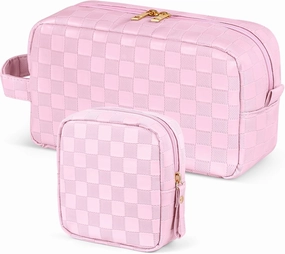 MAGEFY 2Pcs Makeup Bag, Cute Checkered Pouch with Handle, Leather Travel Makeup Pouches for purse Make Up Bag for Cosmetic, Lipstick,Pink