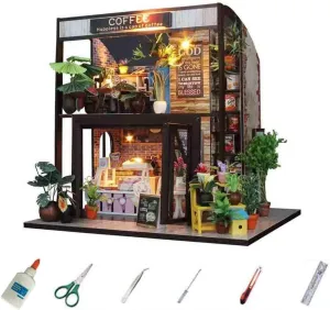 MAGQOO Miniature Dollhouse Tiny Dollhouse Tiny House Kit Tiny Dollhouse Kit DIY House Kit DIY Dollhouse Kit DIY Miniature Dollhouse Kit Creative Room with Furniture (Coffee House Dust Proof Included)