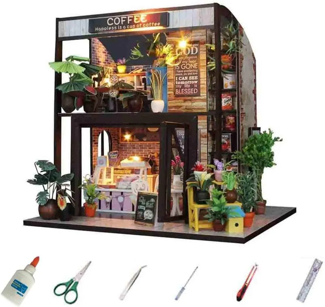 MAGQOO Miniature Dollhouse Tiny Dollhouse Tiny House Kit Tiny Dollhouse Kit DIY House Kit DIY Dollhouse Kit DIY Miniature Dollhouse Kit Creative Room with Furniture (Coffee House Dust Proof Included)