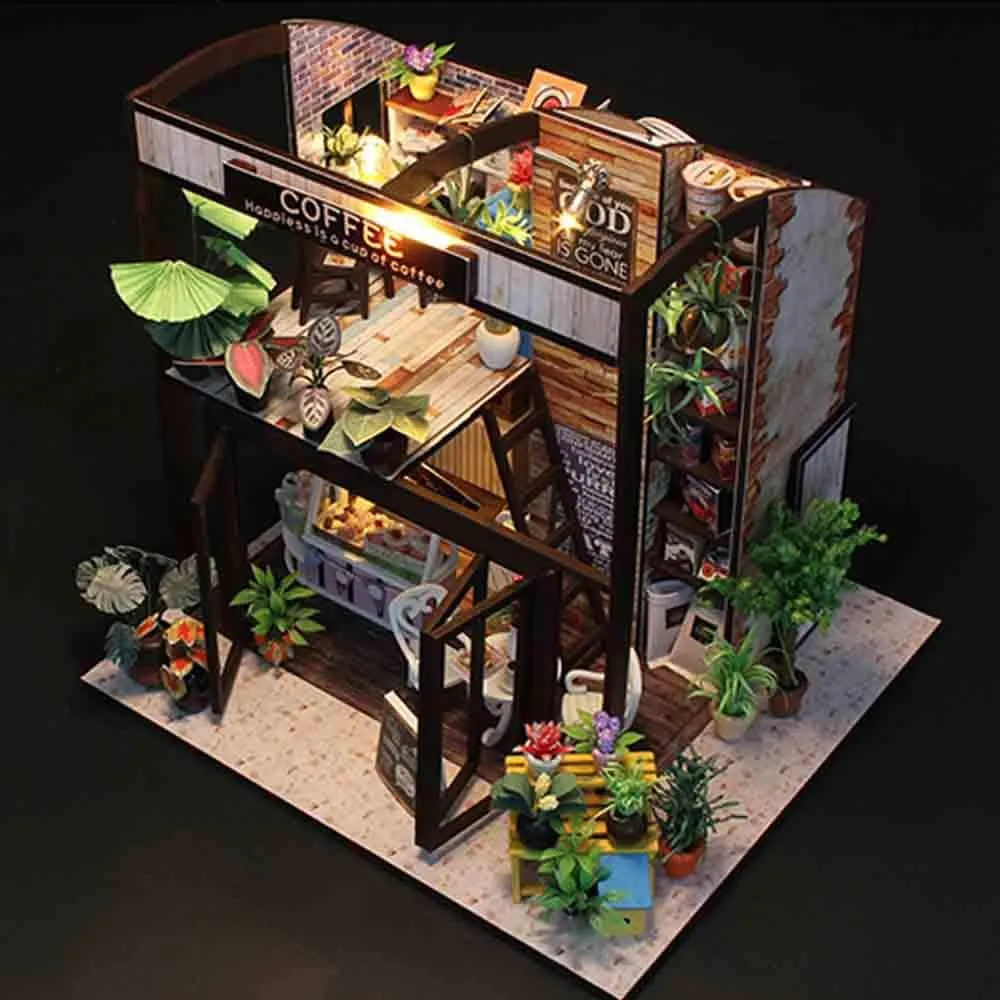 MAGQOO Miniature Dollhouse Tiny Dollhouse Tiny House Kit Tiny Dollhouse Kit DIY House Kit DIY Dollhouse Kit DIY Miniature Dollhouse Kit Creative Room with Furniture (Coffee House Dust Proof Included)