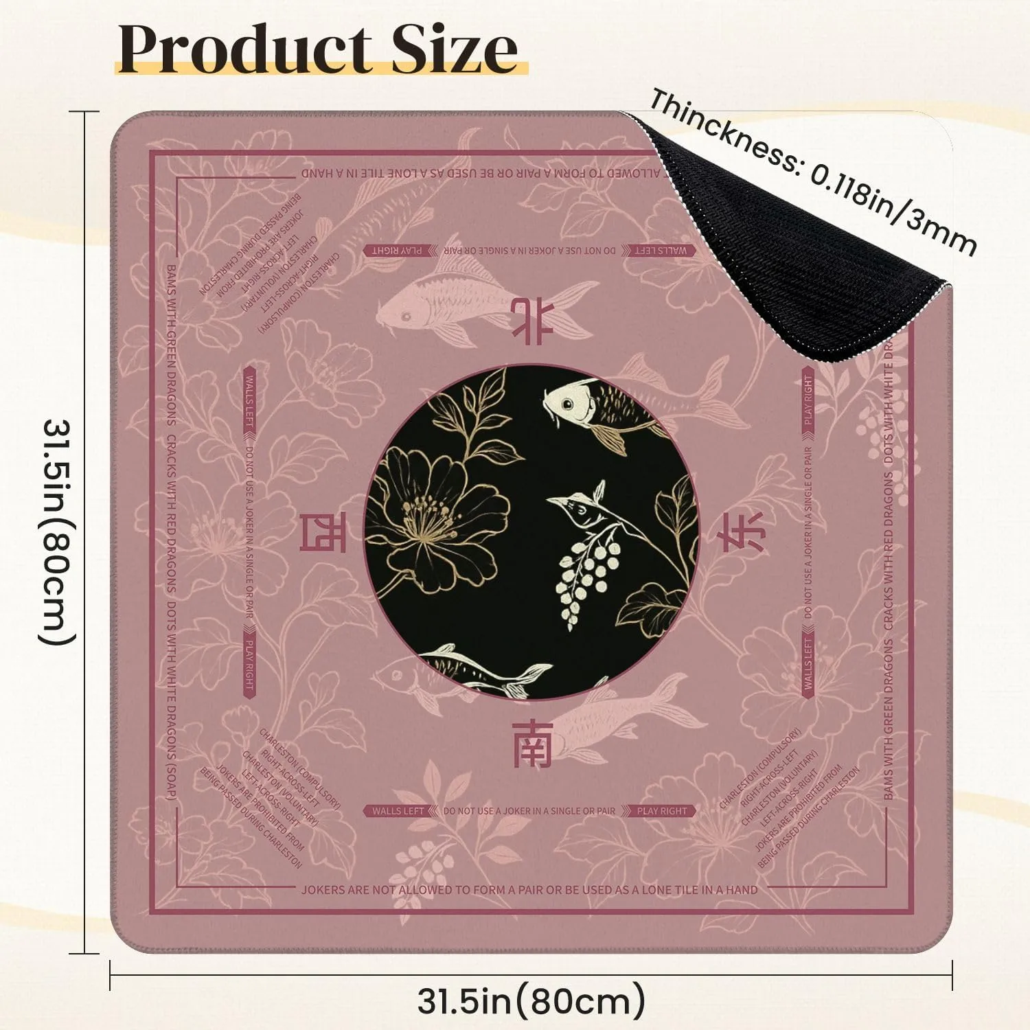 Mahjong Mat for Table fish japanese chinese design sketch ink paint style seamless 31.5" x 31.5" Non-Slip Noise-Reducing Game Mat Premium Mahjong Accessories for Poker Dominoes Board Games