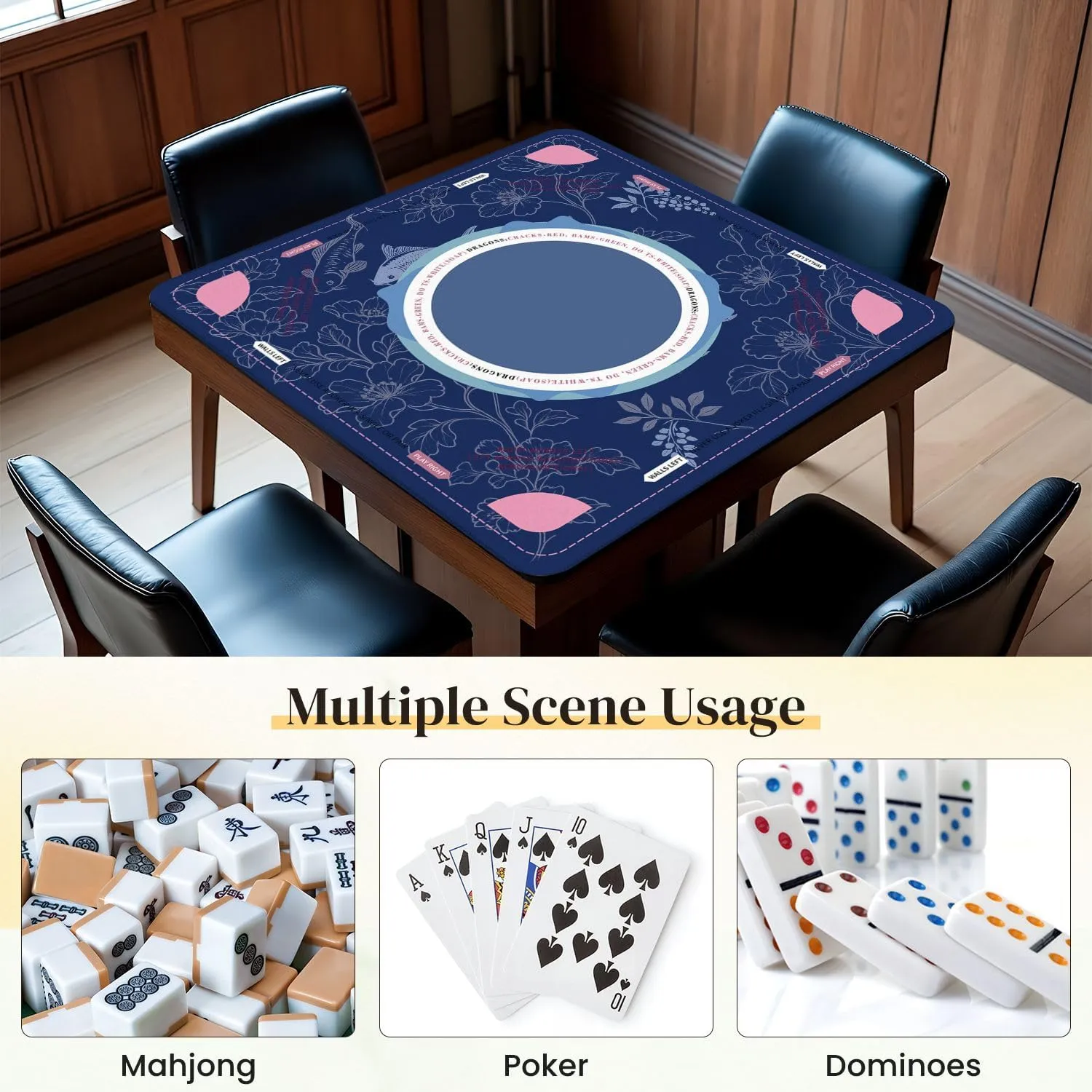 Mahjong Mat for Table fish japanese chinese design sketch ink paint style seamless 31.5" x 31.5" Non-Slip Noise-Reducing Game Mat Premium Mahjong Accessories for Poker Dominoes Board Games
