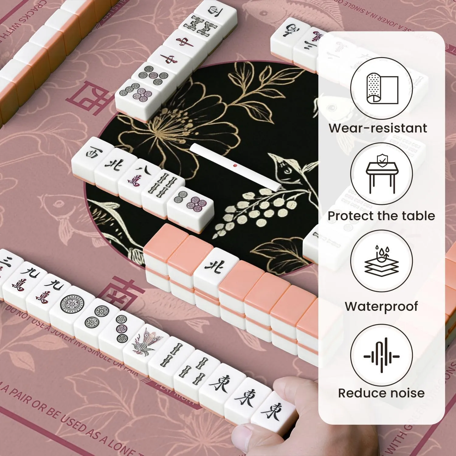 Mahjong Mat for Table fish japanese chinese design sketch ink paint style seamless 31.5" x 31.5" Non-Slip Noise-Reducing Game Mat Premium Mahjong Accessories for Poker Dominoes Board Games
