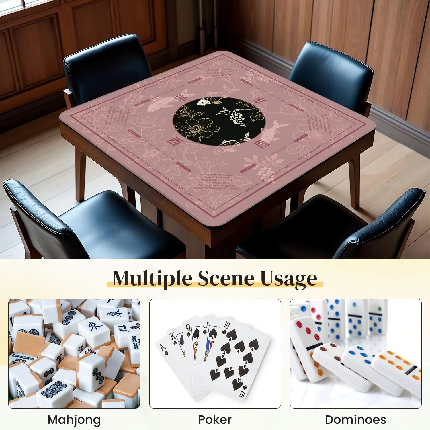 Mahjong Mat for Table fish japanese chinese design sketch ink paint style seamless 31.5" x 31.5" Non-Slip Noise-Reducing Game Mat Premium Mahjong Accessories for Poker Dominoes Board Games