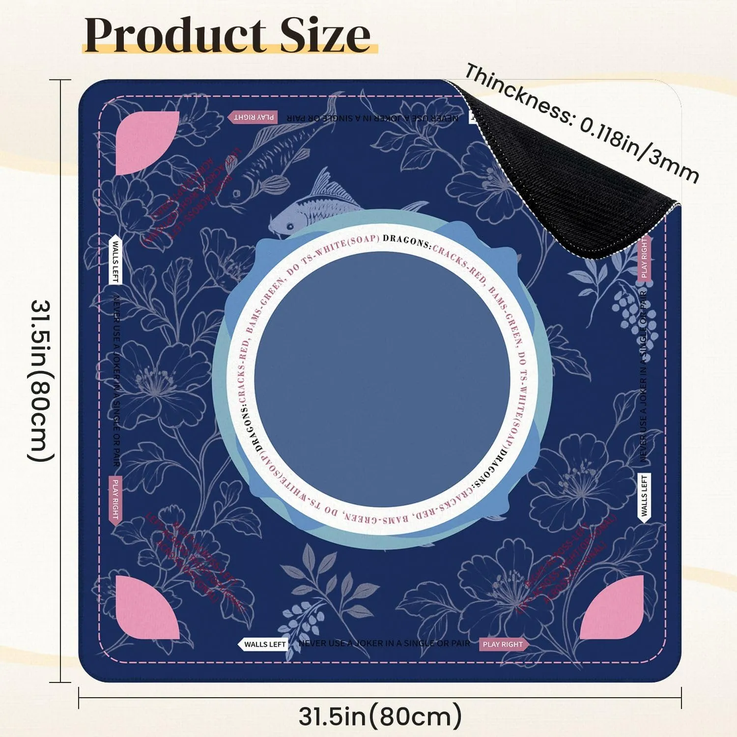 Mahjong Mat for Table fish japanese chinese design sketch ink paint style seamless 31.5" x 31.5" Non-Slip Noise-Reducing Game Mat Premium Mahjong Accessories for Poker Dominoes Board Games