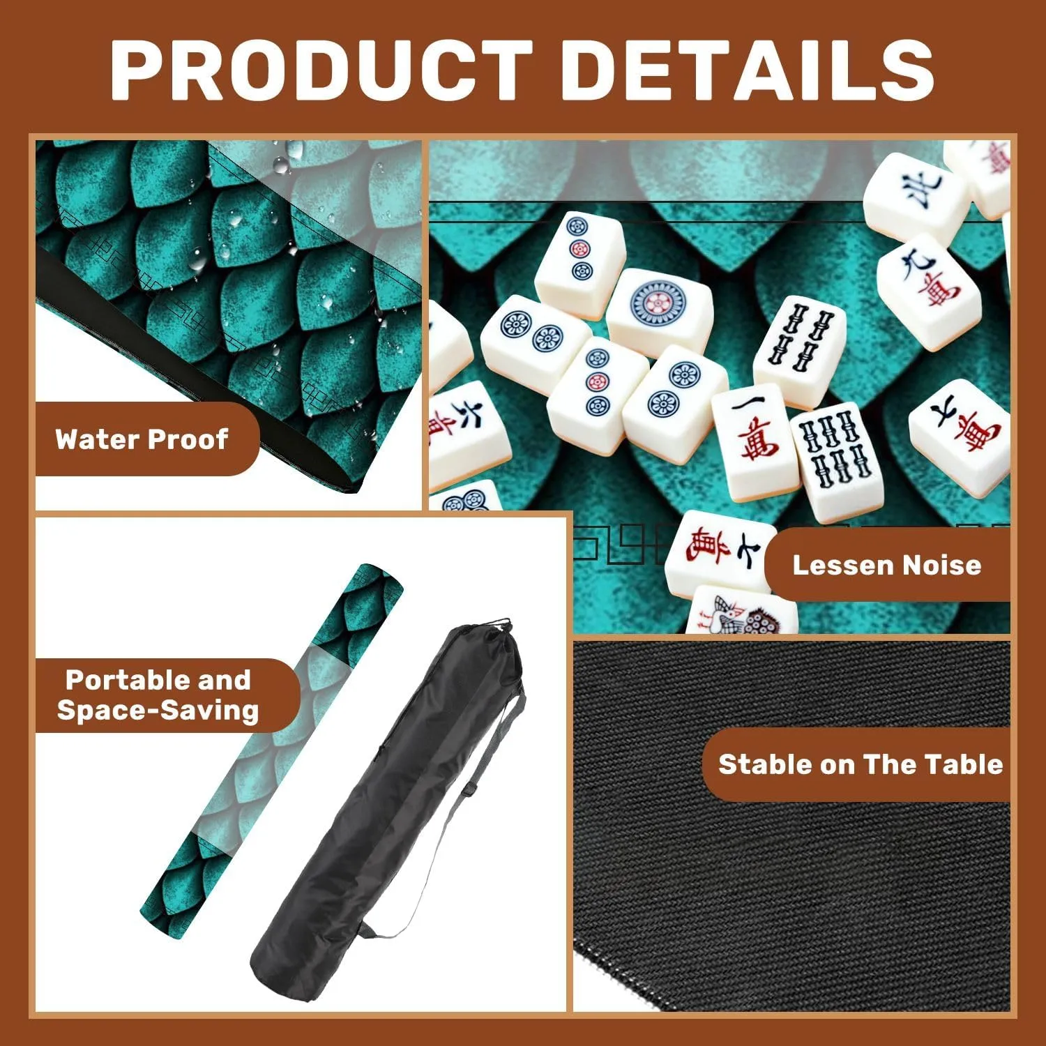 Mahjong Mat for Table Seamless Texture Dragon Scales Skin 3D 31.5" x 31.5" Non-Slip Noise-Reducing Game Mat Premium Mahjong Accessories for Poker Dominoes Board Games
