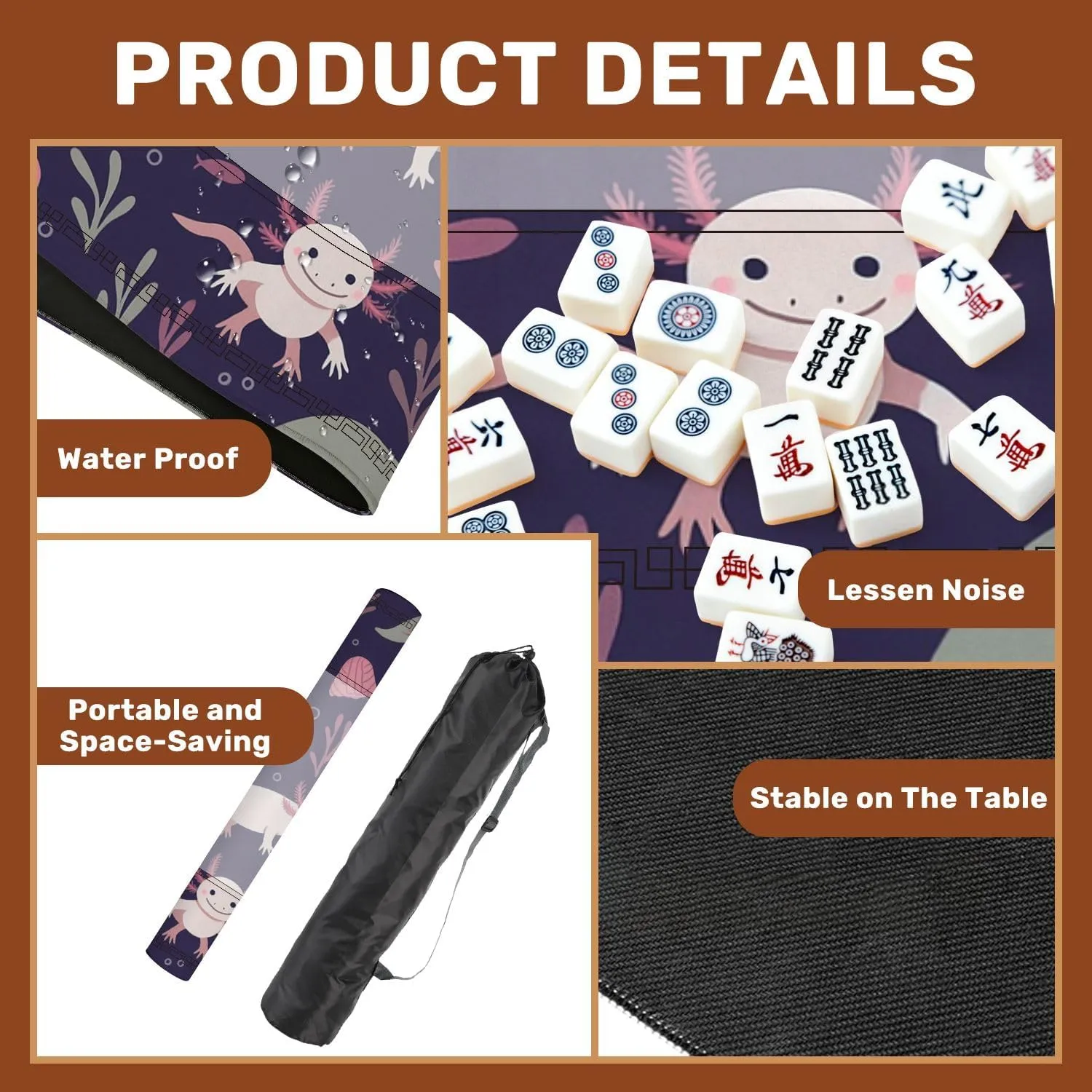 Mahjong Mat for Table Seamless Various Axolotls Seaweeds Shells 31.5" x 31.5" Non-Slip Noise-Reducing Game Mat Premium Mahjong Accessories for Poker Dominoes Board Games