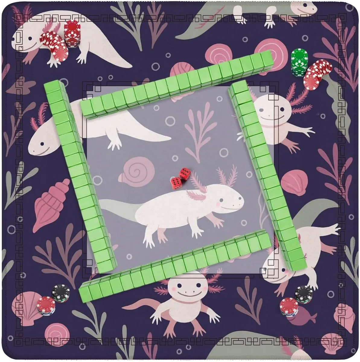 Mahjong Mat for Table Seamless Various Axolotls Seaweeds Shells 31.5" x 31.5" Non-Slip Noise-Reducing Game Mat Premium Mahjong Accessories for Poker Dominoes Board Games