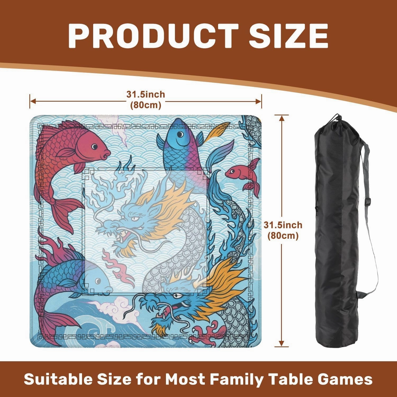 Mahjong Mat for Table Asian Dragon Japanese Fish Suitable for Fabric Like 31.5" x 31.5" Non-Slip Noise-Reducing Game Mat Premium Mahjong Accessories for Poker Dominoes Board Games
