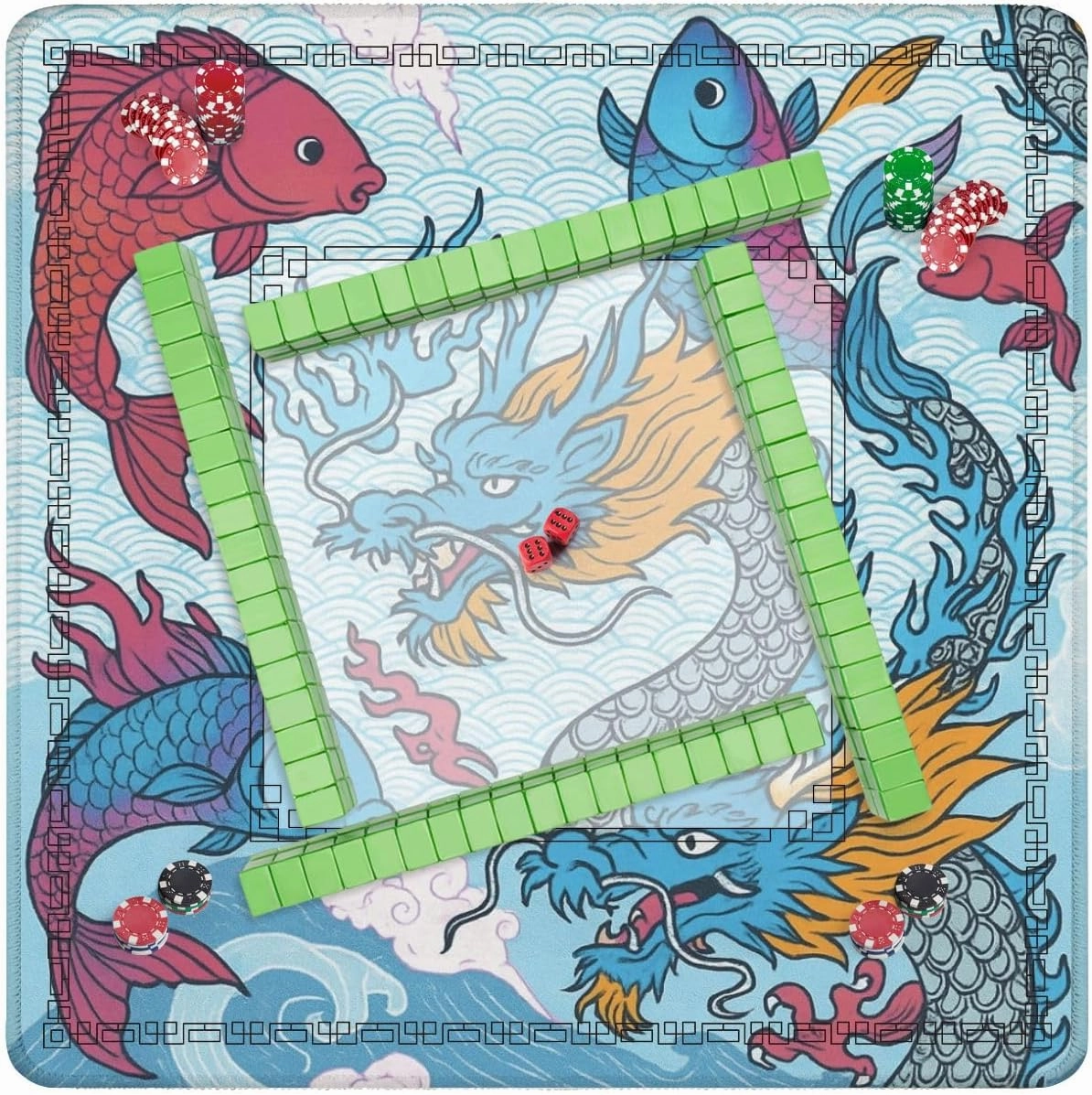 Mahjong Mat for Table Asian Dragon Japanese Fish Suitable for Fabric Like 31.5" x 31.5" Non-Slip Noise-Reducing Game Mat Premium Mahjong Accessories for Poker Dominoes Board Games