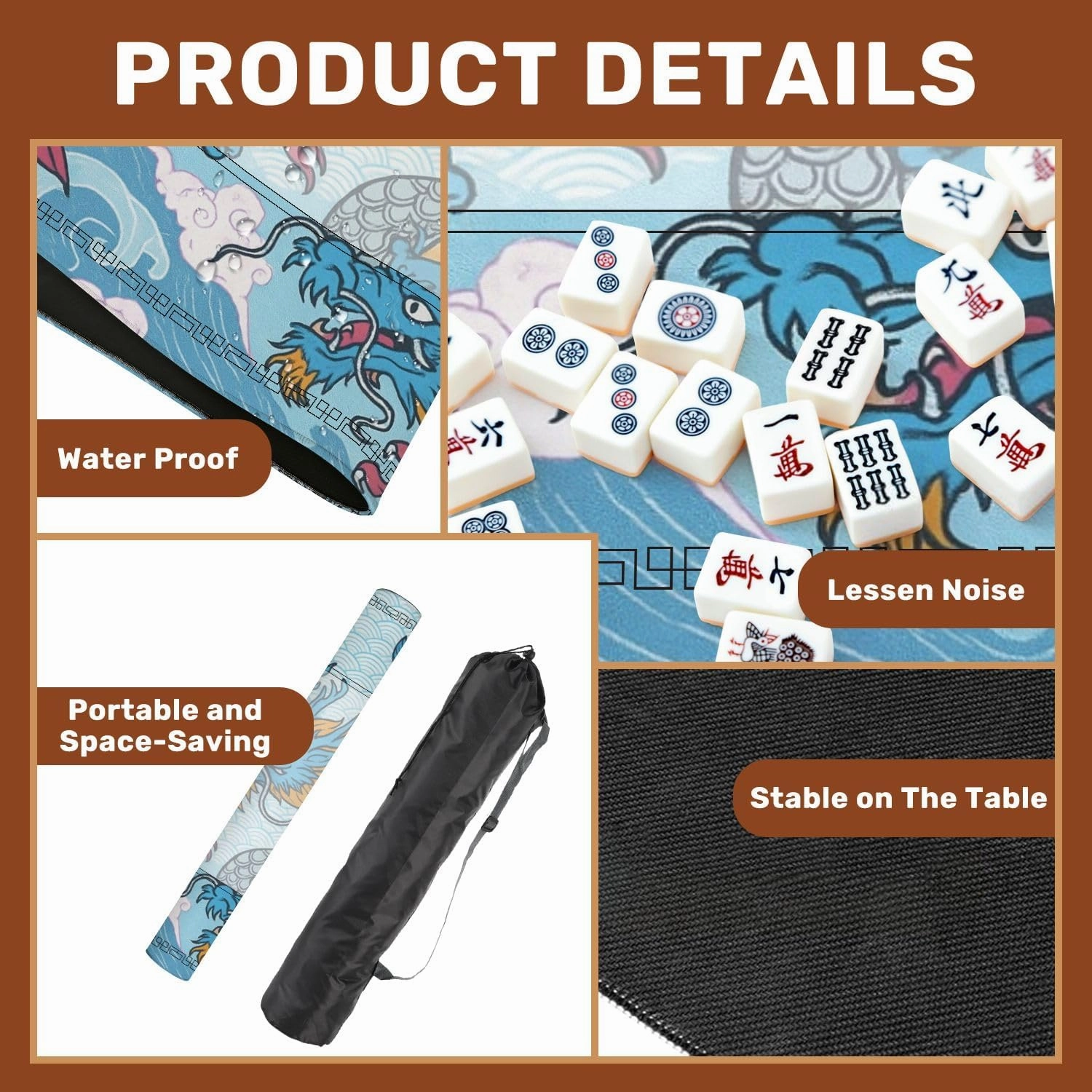 Mahjong Mat for Table Asian Dragon Japanese Fish Suitable for Fabric Like 31.5" x 31.5" Non-Slip Noise-Reducing Game Mat Premium Mahjong Accessories for Poker Dominoes Board Games