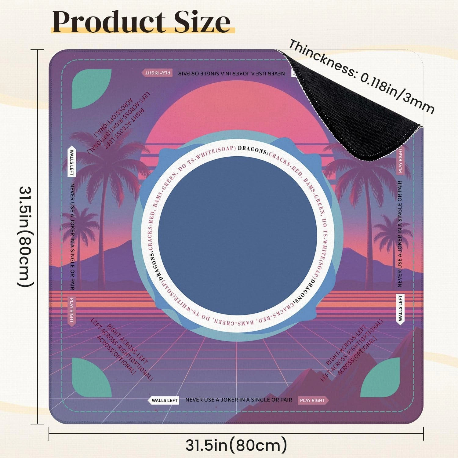 Mahjong Mat for Table Inspired by 80s Scene Wave retrowave Music 31.5" x 31.5" Non-Slip Noise-Reducing Game Mat Premium Mahjong Accessories for Poker Dominoes Board Games