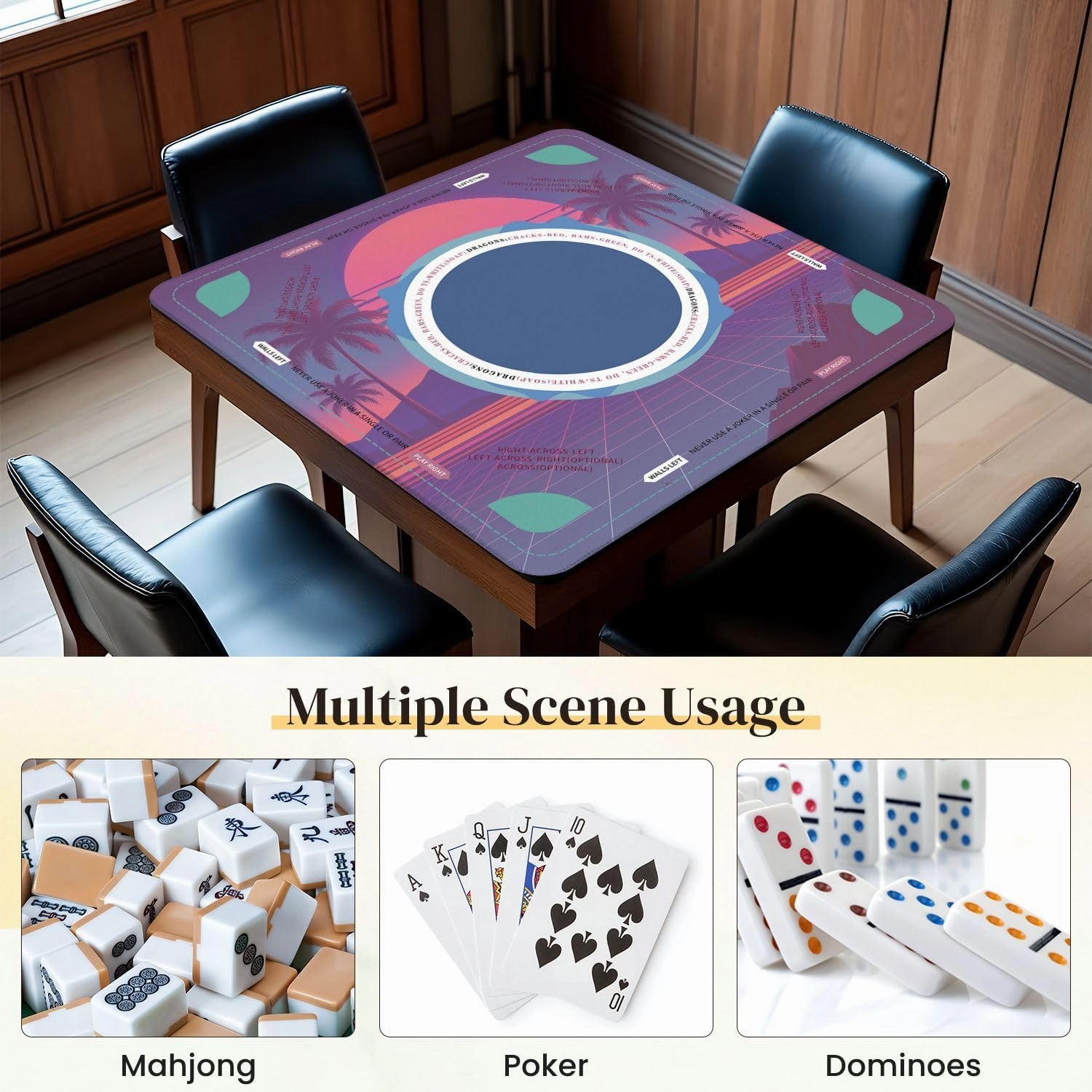 Mahjong Mat for Table Inspired by 80s Scene Wave retrowave Music 31.5" x 31.5" Non-Slip Noise-Reducing Game Mat Premium Mahjong Accessories for Poker Dominoes Board Games