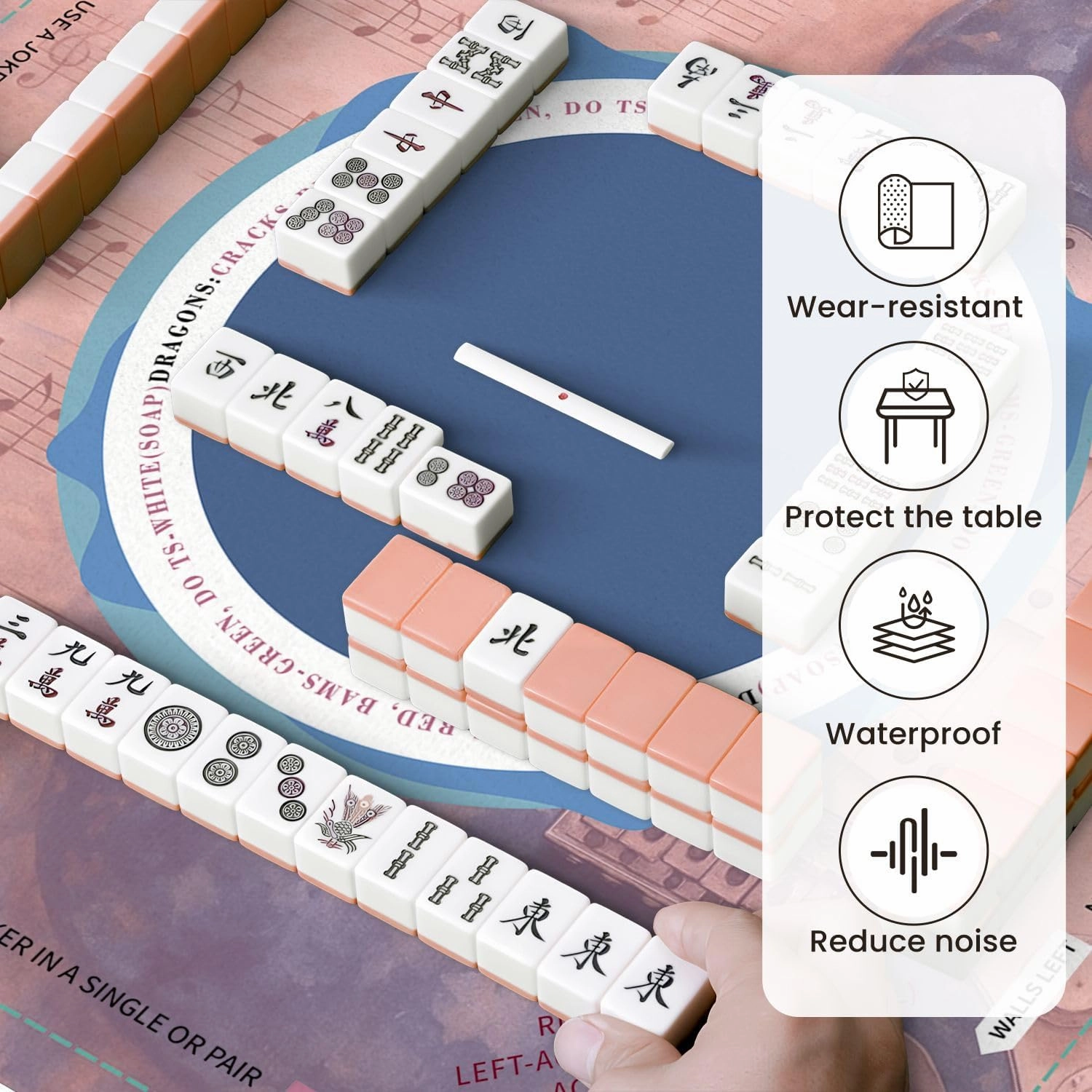 Mahjong Mat for Table Modern Blue Guitar Musical Themed Electric Sheet Music Grunge Texture 31.5" x 31.5" Non-Slip Noise-Reducing Game Mat Premium Mahjong Accessories for Poker Dominoes Board Games