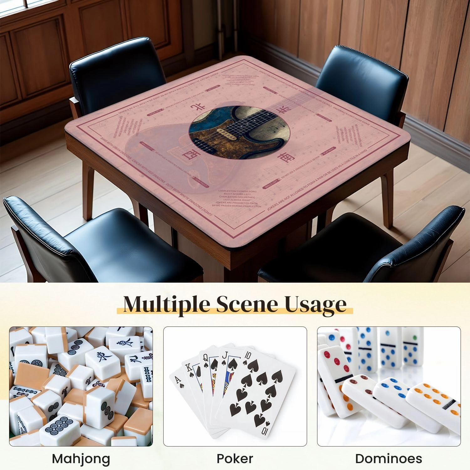 Mahjong Mat for Table Modern Blue Guitar Musical Themed Electric Sheet Music Wooden Texture 31.5" x 31.5" Non-Slip Noise-Reducing Game Mat Premium Mahjong Accessories for Poker Dominoes Board Games