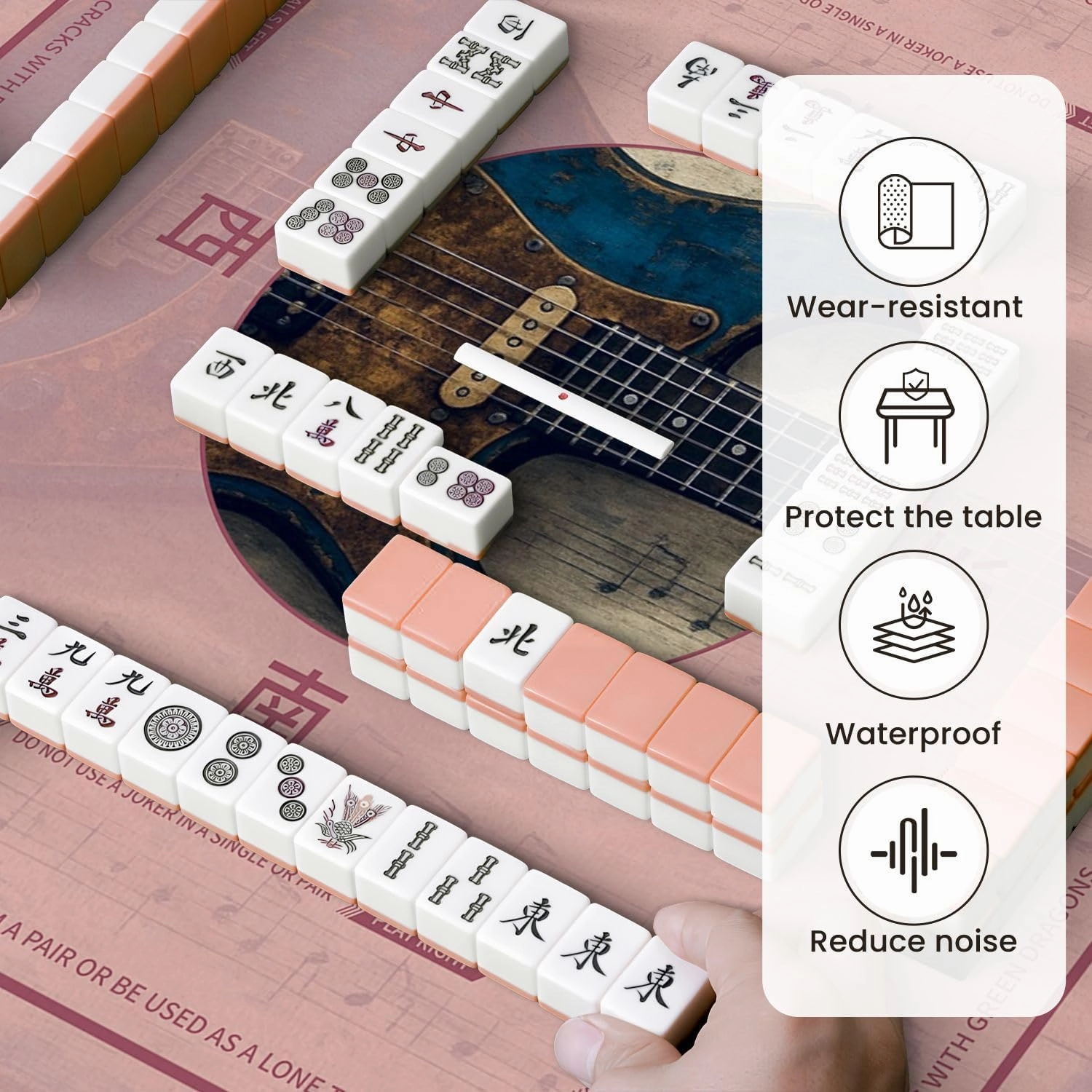 Mahjong Mat for Table Modern Blue Guitar Musical Themed Electric Sheet Music Wooden Texture 31.5" x 31.5" Non-Slip Noise-Reducing Game Mat Premium Mahjong Accessories for Poker Dominoes Board Games