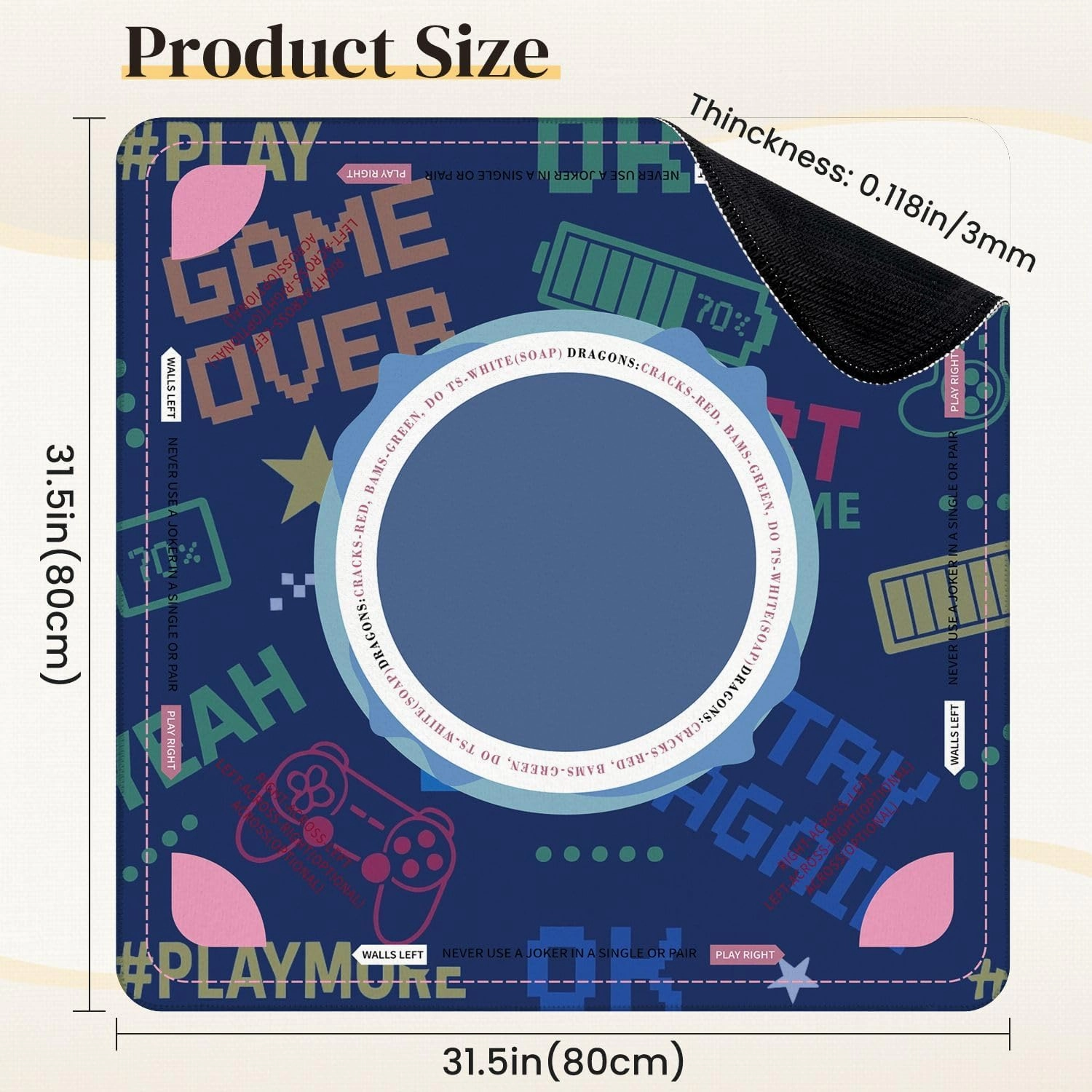 Mahjong Mat for Table seamless abstract pixel game style words for boys Textiles print t 31.5" x 31.5" Non-Slip Noise-Reducing Game Mat Premium Mahjong Accessories for Poker Dominoes Board Games