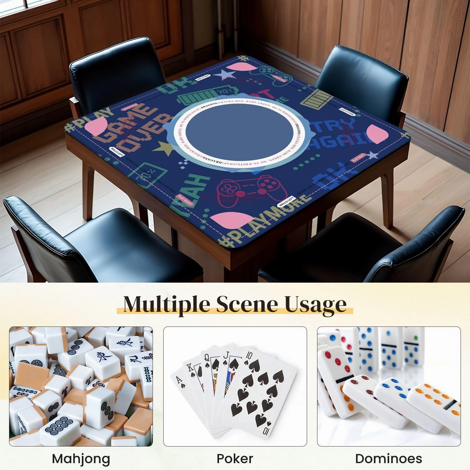 Mahjong Mat for Table seamless abstract pixel game style words for boys Textiles print t 31.5" x 31.5" Non-Slip Noise-Reducing Game Mat Premium Mahjong Accessories for Poker Dominoes Board Games