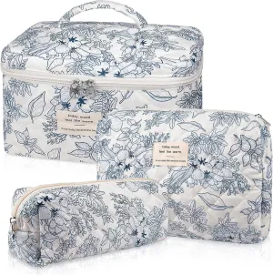 Makeup Bag Set, Quilted Floral Cosmetic Bags for Women, Cute Cotton Makeup Organizer, Travel Toiletry Bag Set (Navy Blue)