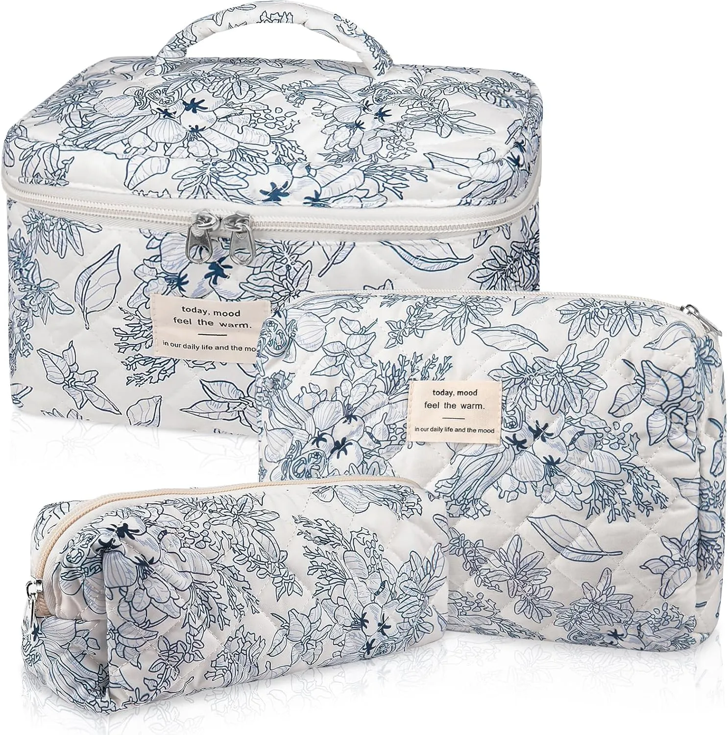 Makeup Bag Set, Quilted Floral Cosmetic Bags for Women, Cute Cotton Makeup Organizer, Travel Toiletry Bag Set (Navy Blue)