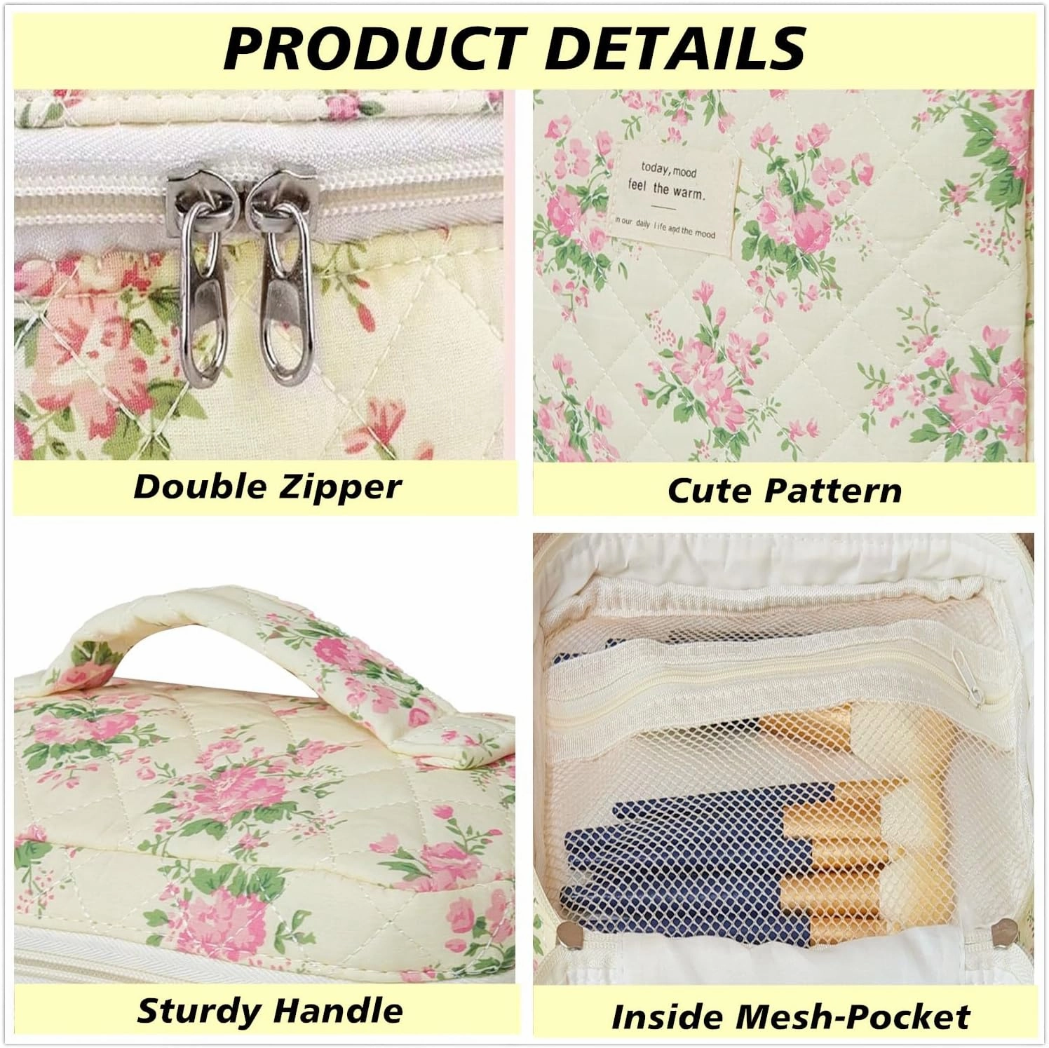 Makeup Bag Organizer, 3 Pieces Quilted Cosmetic Bag Set, Cotton Makeup Bag for Women, Floral Make Up Bag, Coquette Makeup Pouch, Flower Travel Toiletry Bag (Pink Flower)