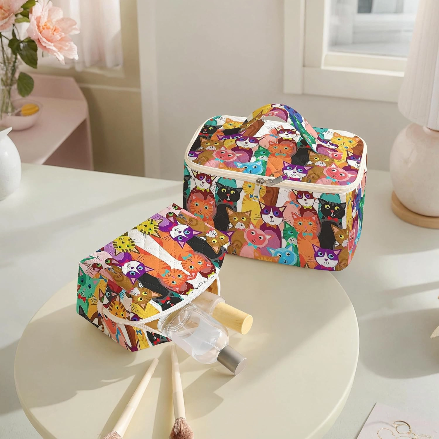 Makeup Bag,Travel Toiletry Organizer,Cute Quilted Cotton Cosmetic Pouch,Portable Make Up Bags For Women Friendship Gift Set