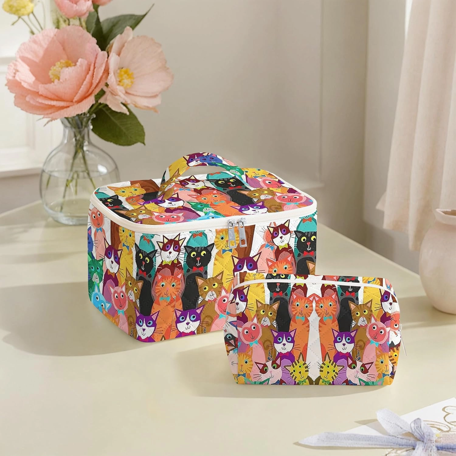 Makeup Bag,Travel Toiletry Organizer,Cute Quilted Cotton Cosmetic Pouch,Portable Make Up Bags For Women Friendship Gift Set