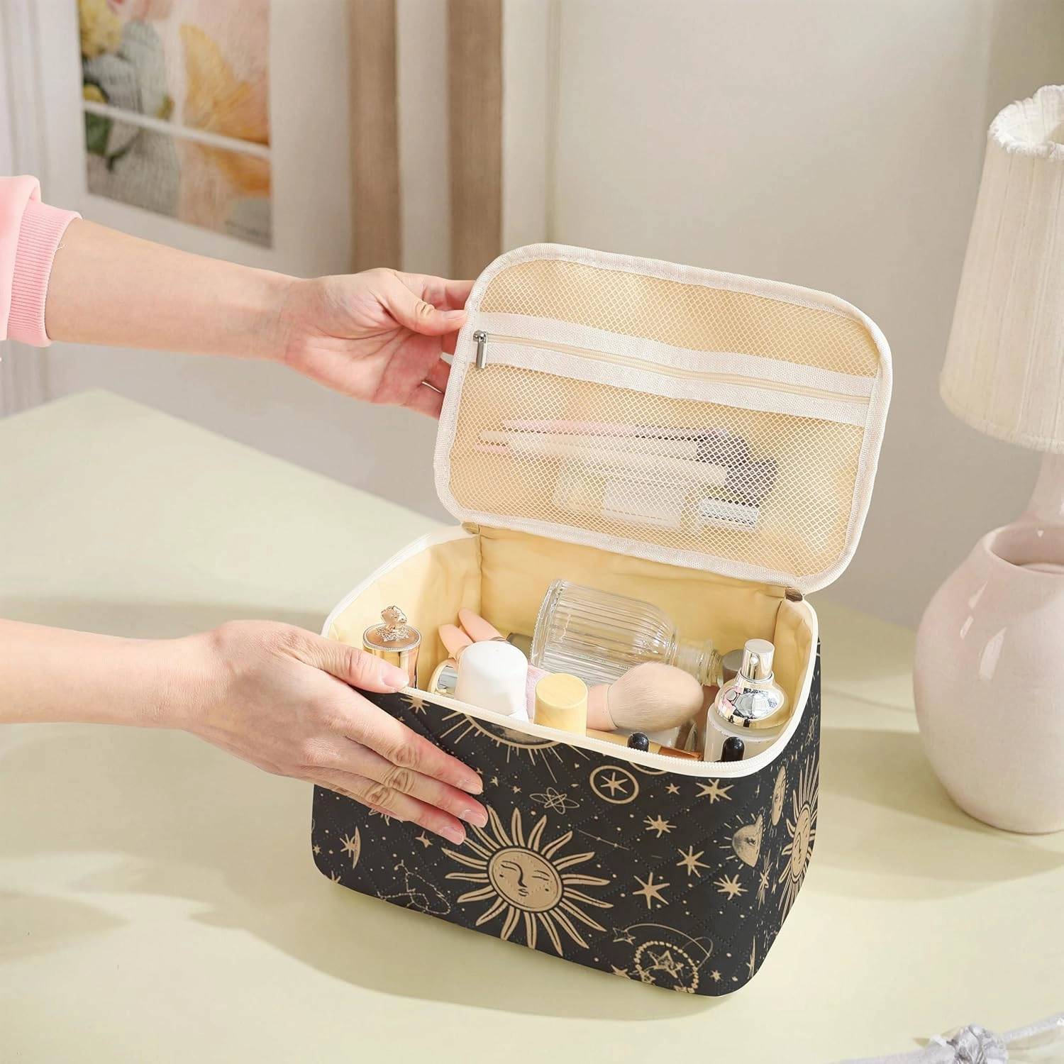 Makeup Bag,Travel Toiletry Organizer,Cute Quilted Cotton Cosmetic Pouch,Portable Make Up Bags For Women Friendship Gift Set