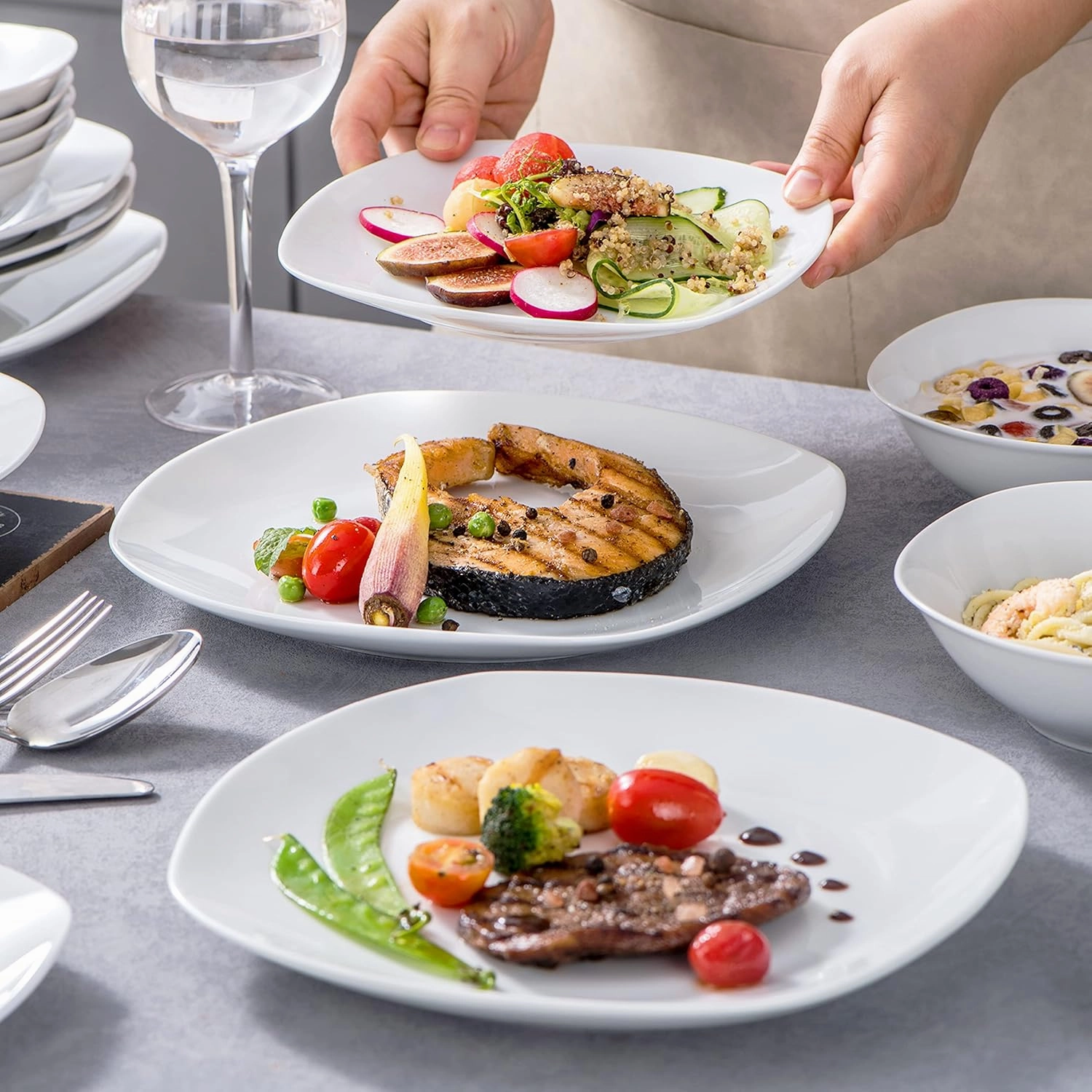 MALACASA Dinnerware Sets, 24-Piece Porcelain Square Dishes, Grey White Ceramic Dish Set for 6, Chip and Scratch Resistant Plates and Bowls Sets, Series ELISA