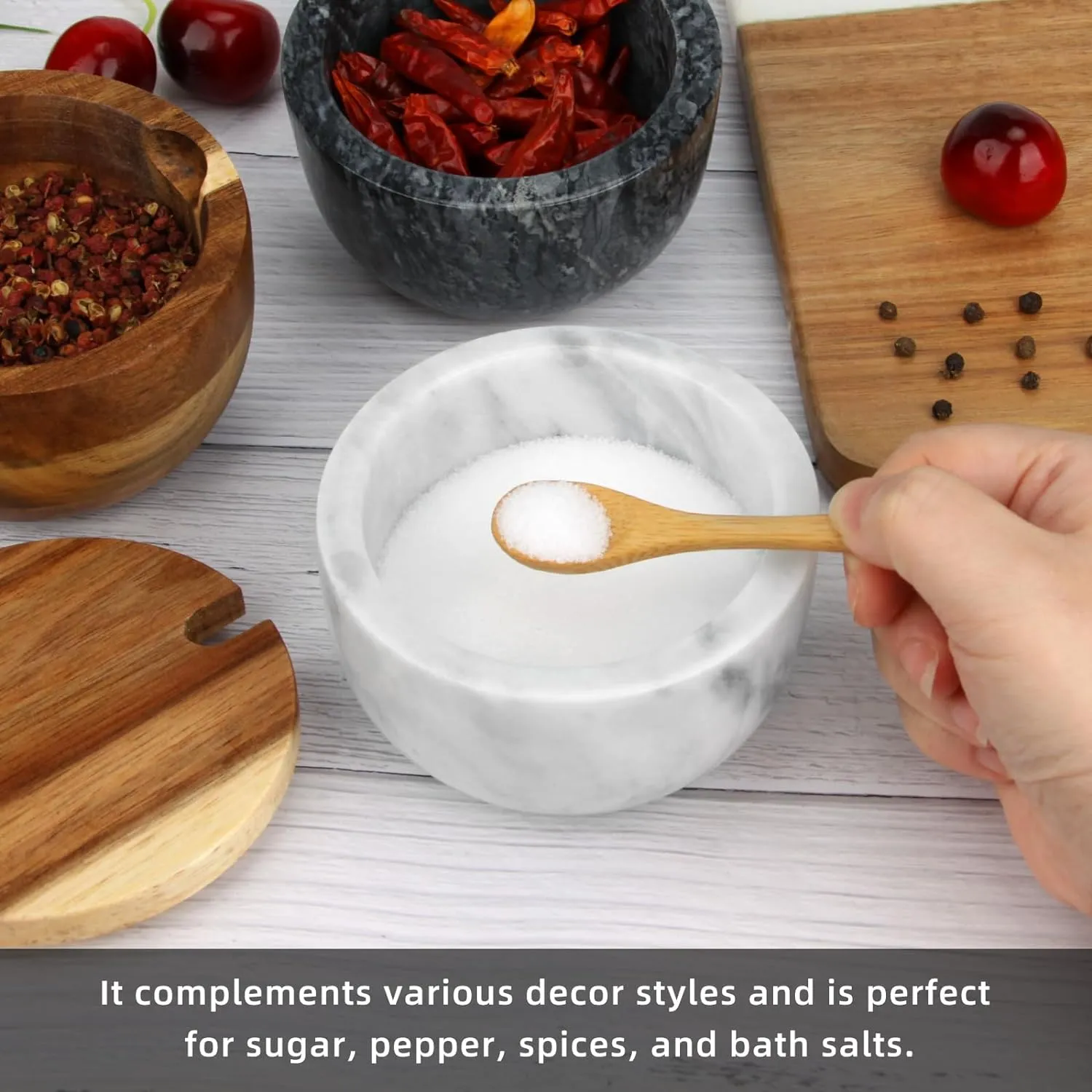 Marble Salt Cellar Box with Wood Lid & Spoon, Modern White Stone Salt or Pepper Sugar Spice Seasoning Bowl Container Jar Holder Well Keeper Dish Pig Crock for Kitchen