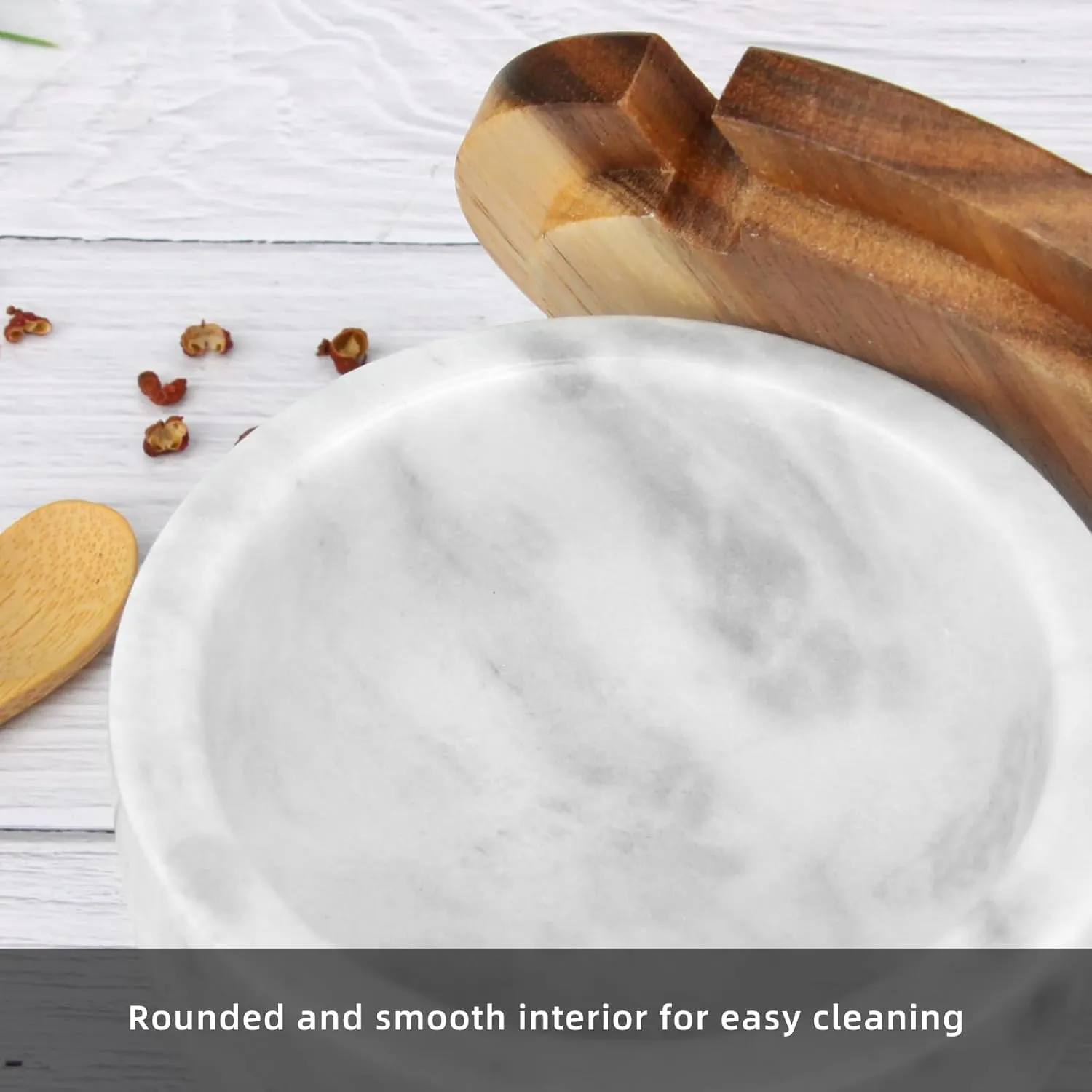 Marble Salt Cellar Box with Wood Lid & Spoon, Modern White Stone Salt or Pepper Sugar Spice Seasoning Bowl Container Jar Holder Well Keeper Dish Pig Crock for Kitchen