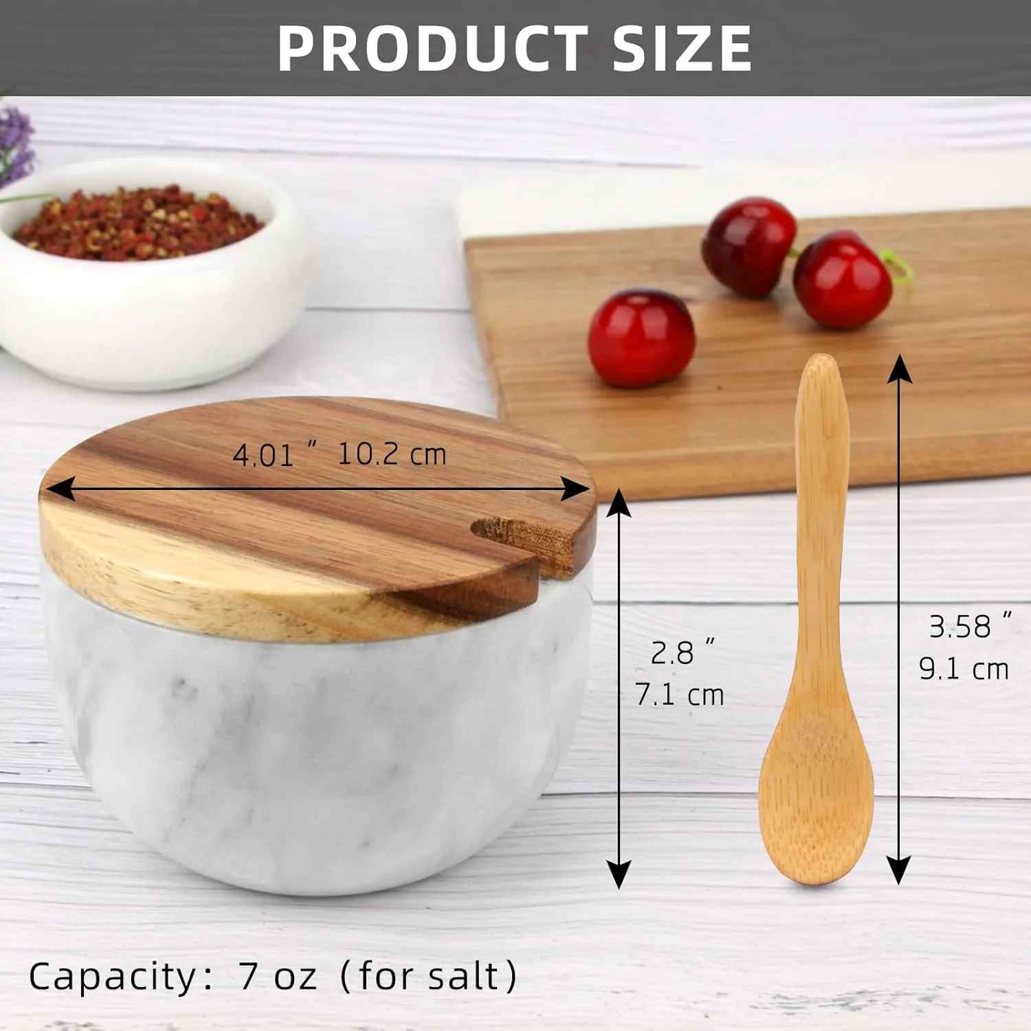 Marble Salt Cellar Box with Wood Lid & Spoon, Modern White Stone Salt or Pepper Sugar Spice Seasoning Bowl Container Jar Holder Well Keeper Dish Pig Crock for Kitchen