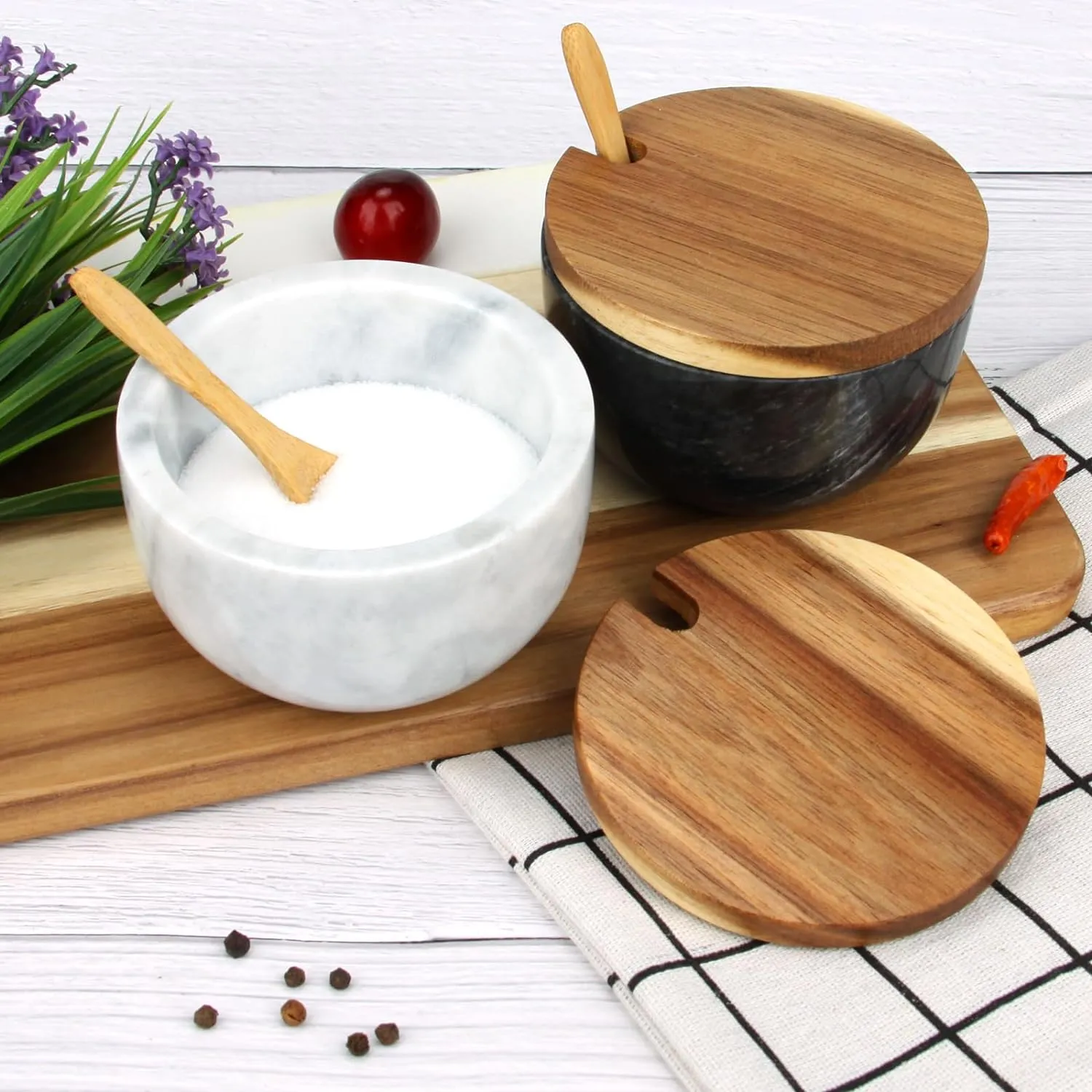 Marble Salt Cellar Box with Wood Lid & Spoon, Modern White Stone Salt or Pepper Sugar Spice Seasoning Bowl Container Jar Holder Well Keeper Dish Pig Crock for Kitchen