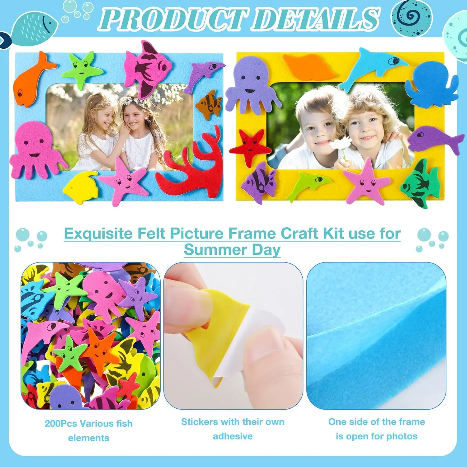 Marsui 232 Pieces Summer Ocean Beach DIY 5'' x 7'' Picture Frame Craft Kit 32 Summer Under The Sea Felt Photo Frames and 200 Foam Stickers for Holiday Game Activities(Fish,Lovely Color)