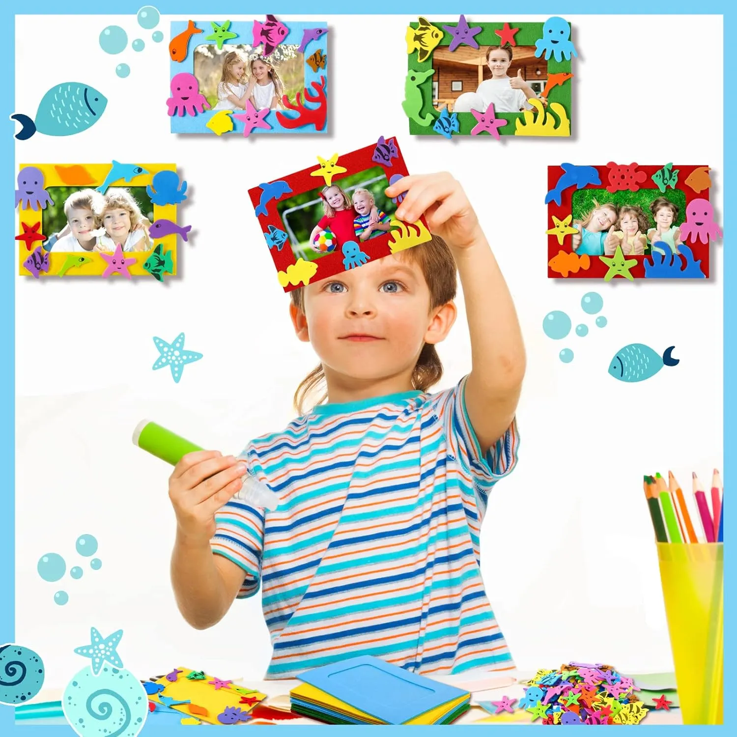 Marsui 232 Pieces Summer Ocean Beach DIY 5'' x 7'' Picture Frame Craft Kit 32 Summer Under The Sea Felt Photo Frames and 200 Foam Stickers for Holiday Game Activities(Fish,Lovely Color)