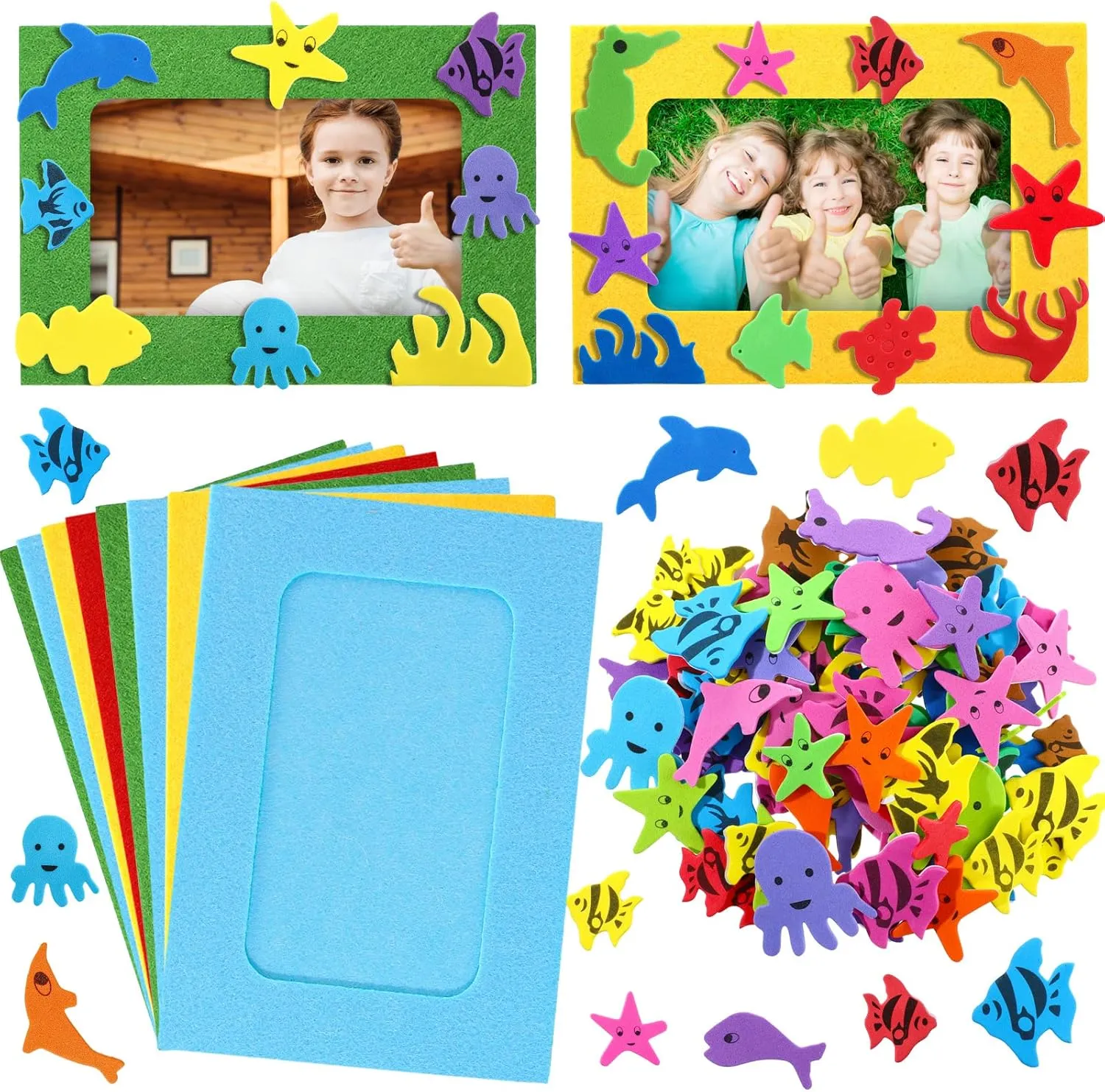 Marsui 232 Pieces Summer Ocean Beach DIY 5'' x 7'' Picture Frame Craft Kit 32 Summer Under The Sea Felt Photo Frames and 200 Foam Stickers for Holiday Game Activities(Fish,Lovely Color)