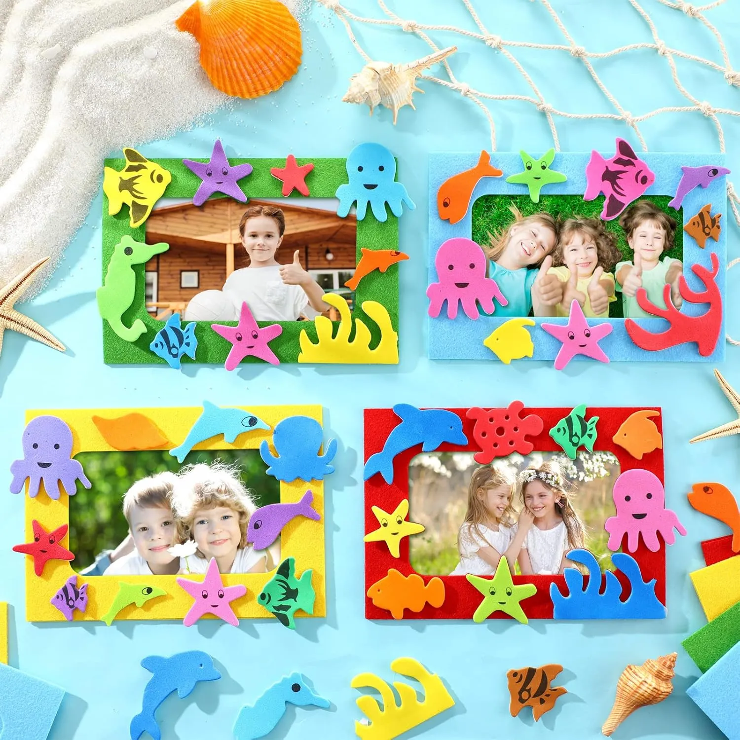 Marsui 232 Pieces Summer Ocean Beach DIY 5'' x 7'' Picture Frame Craft Kit 32 Summer Under The Sea Felt Photo Frames and 200 Foam Stickers for Holiday Game Activities(Fish,Lovely Color)