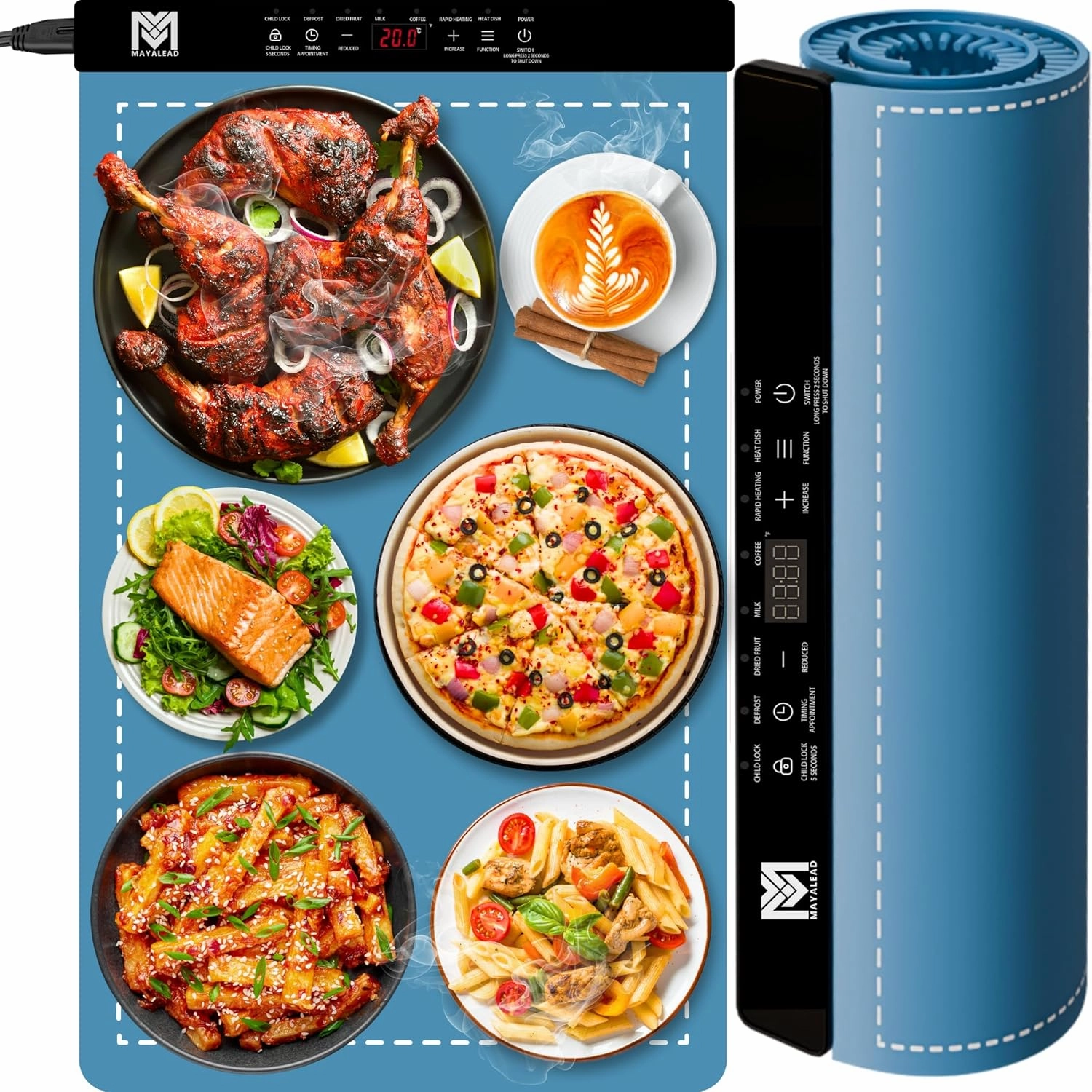 MAYALEAD Electric Warming Mat for Food with Child Lock - 6 Temperature Settings and 6 Hours Timer Food Warming Mat with Graphene Fast Full Surface Heating Portable & Rollable Pad for Parties