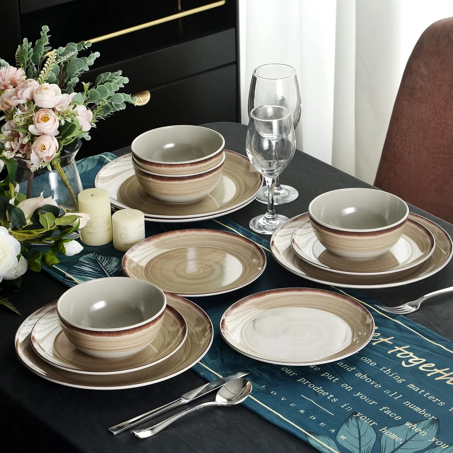 Melamine Dinnerware Sets, Dinnerware Sets for 4, 12Pcs Plates And Bowls Sets, Lightweight and Unbreakable Dish Set for Camping, Picnic,RV, Dishwasher Safe,BPA Free（Brown）