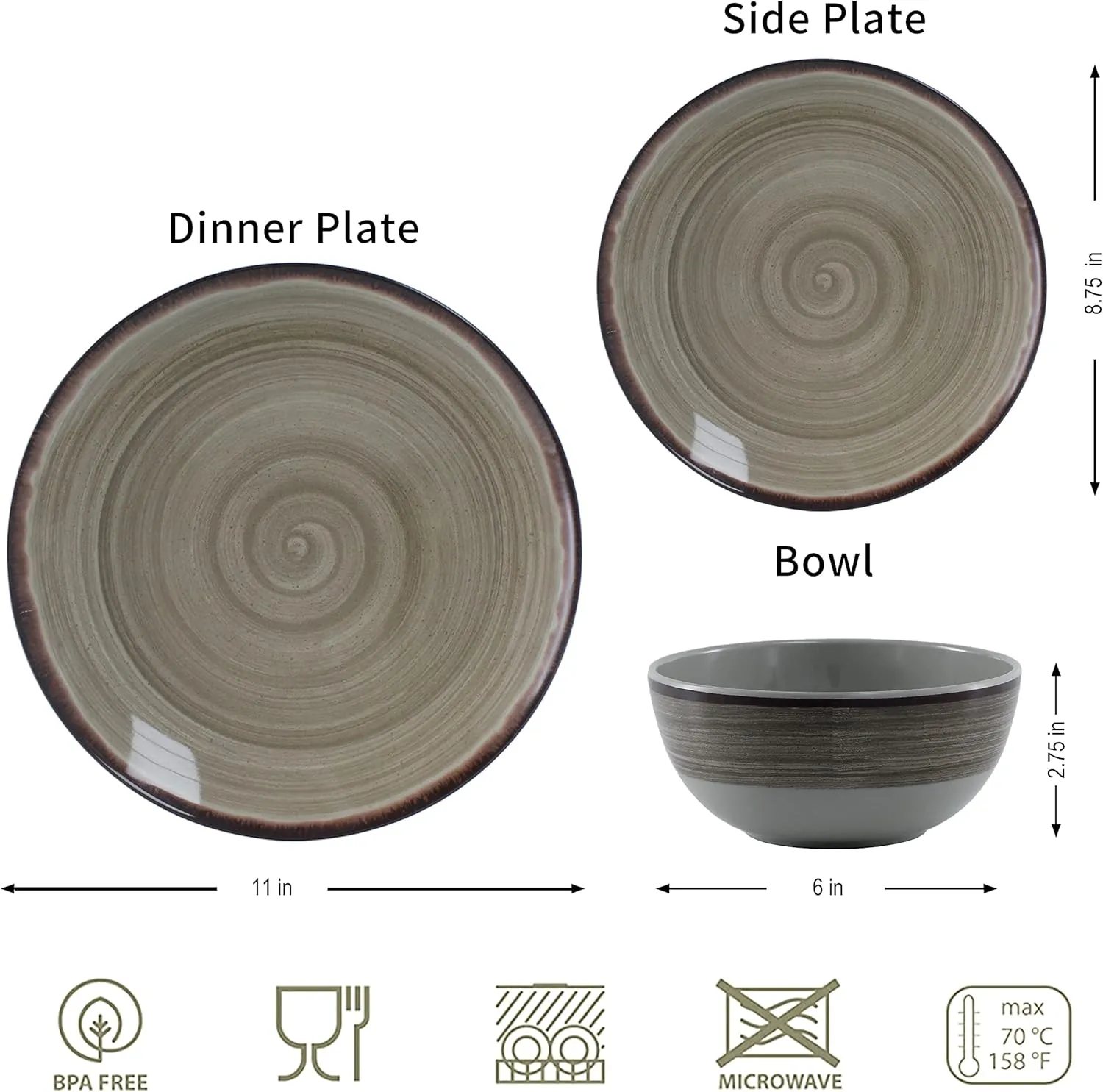 Melamine Dinnerware Sets, Dinnerware Sets for 4, 12Pcs Plates And Bowls Sets, Lightweight and Unbreakable Dish Set for Camping, Picnic,RV, Dishwasher Safe,BPA Free（Brown）