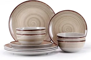 Melamine Dinnerware Sets, Dinnerware Sets for 4, 12Pcs Plates And Bowls Sets, Lightweight and Unbreakable Dish Set for Camping, Picnic,RV, Dishwasher Safe,BPA Free（Brown）