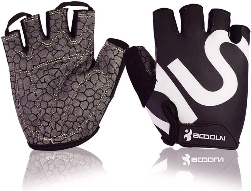 Men Women Cycling Gloves with Shock-Absorbing Gel Pad Breathable Half Finger Mountain Bicycle Bike Road Racing Gloves (Black with White Logo, Small)
