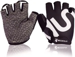 Men Women Cycling Gloves with Shock-Absorbing Gel Pad Breathable Half Finger Mountain Bicycle Bike Road Racing Gloves (Black with White Logo, Small)