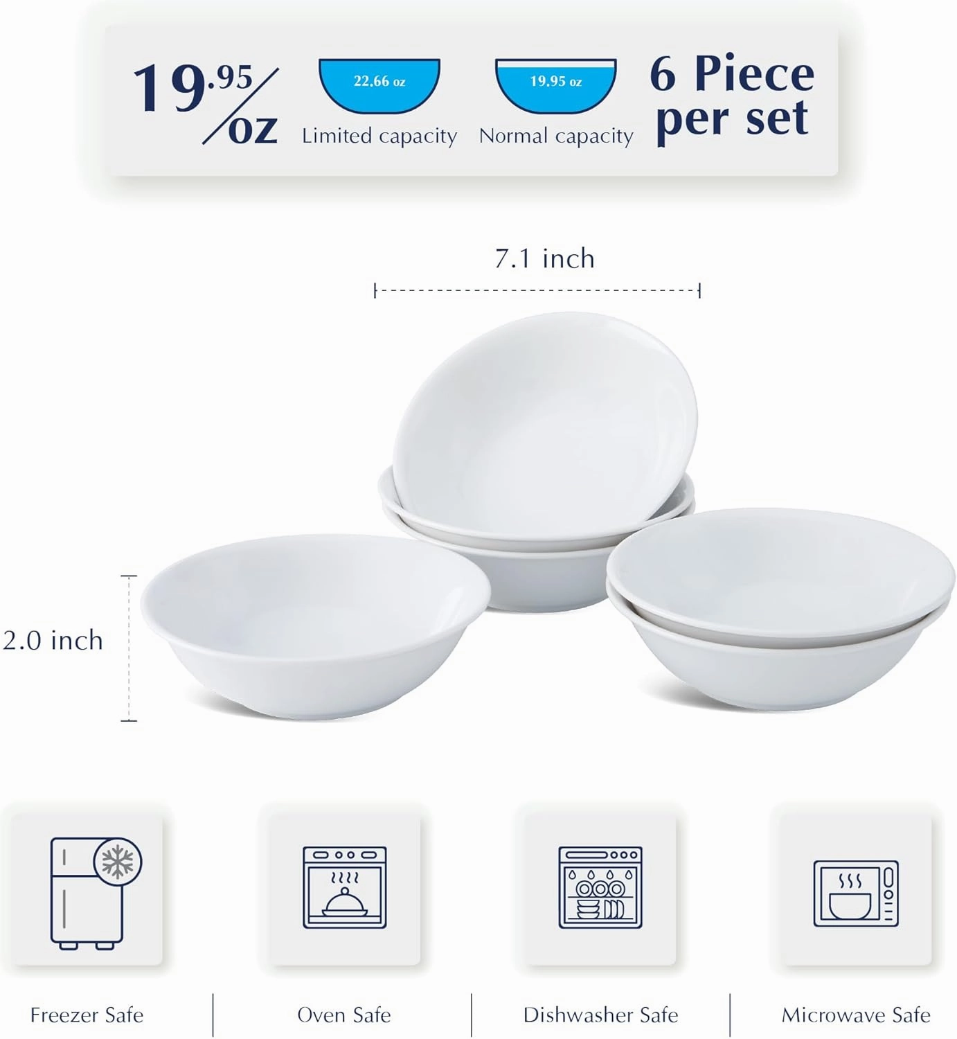Minh Long 22 oz Cereal Bowls Set of 6 – 7.09 Inch White Porcelain Bowls for Breakfast, Rice, Dessert or Small Meals – Microwave & Dishwasher Safe - Ideal for Father's Day